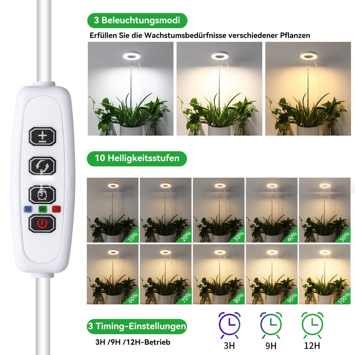 DOPWii Helligkeitsstufen Modus, mit 3 5W/15W Schwarz 9 Pflanzenlicht Pflanzenlampe Licht