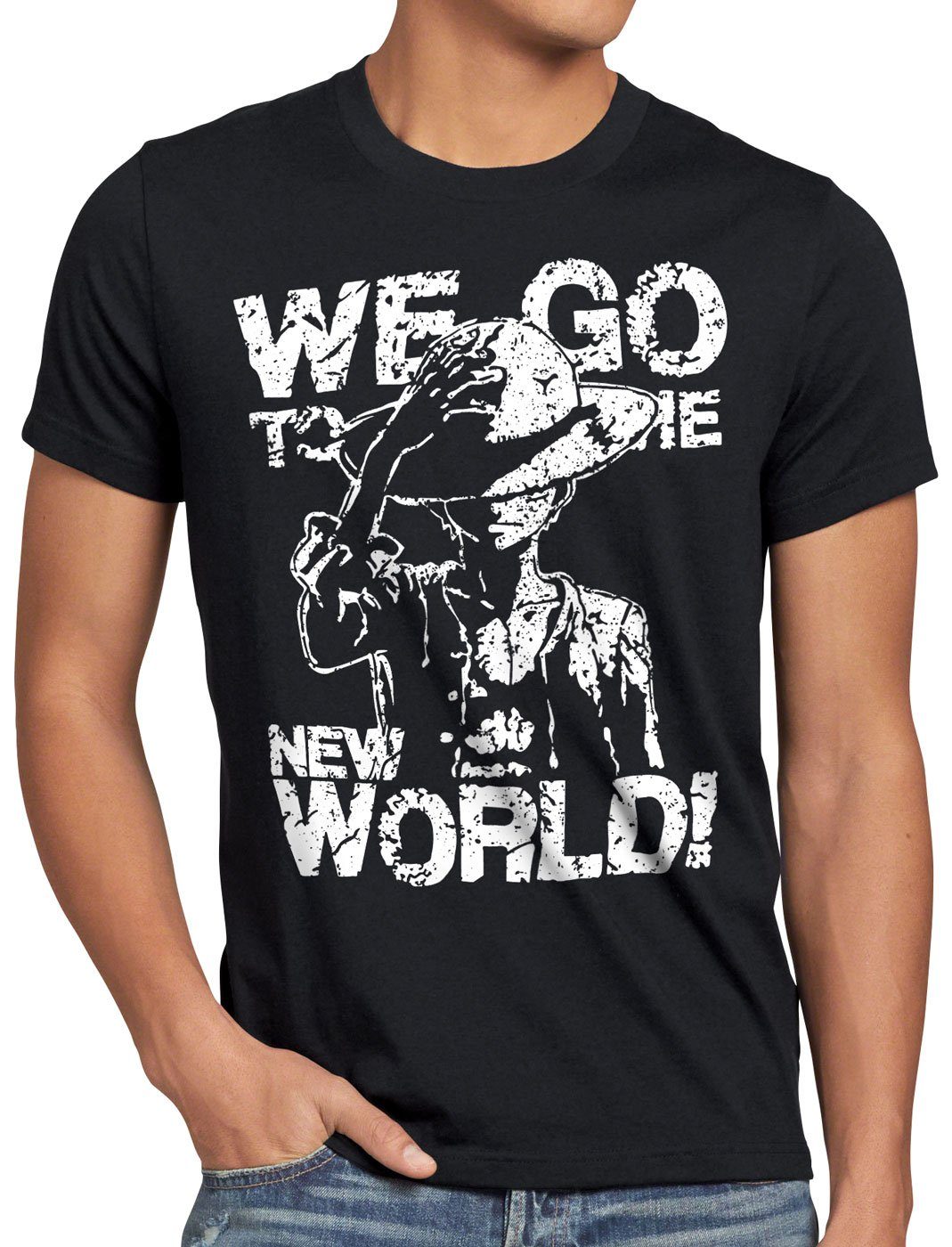 style3 Print-Shirt Herren T-Shirt New World Pirate Ruffy Strohhut Anime schwarz