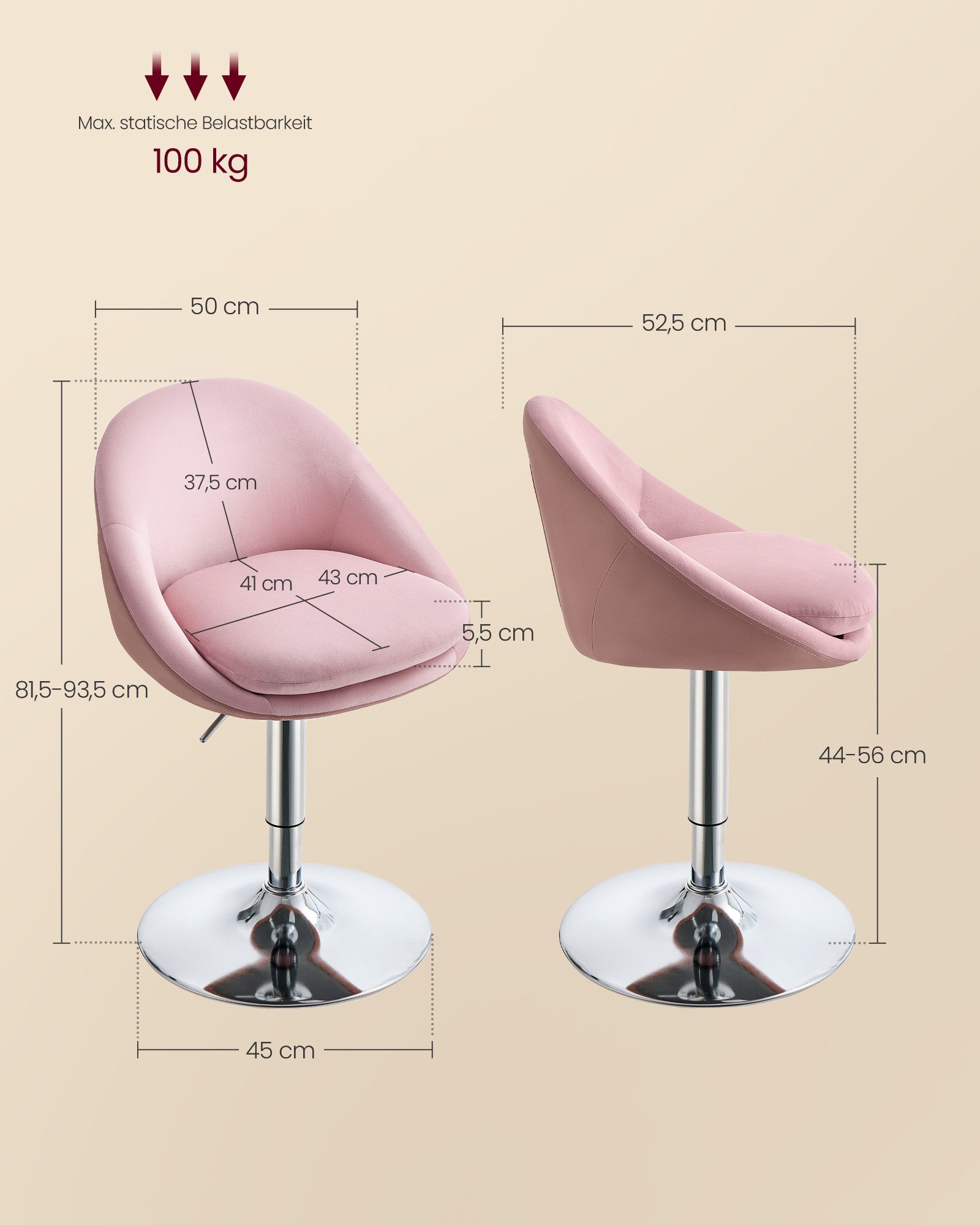 VASAGLE Barhocker Stuhl mit Rückenlehne (1 St), höhenverstellbar, 360° drehbar, mit Sockel