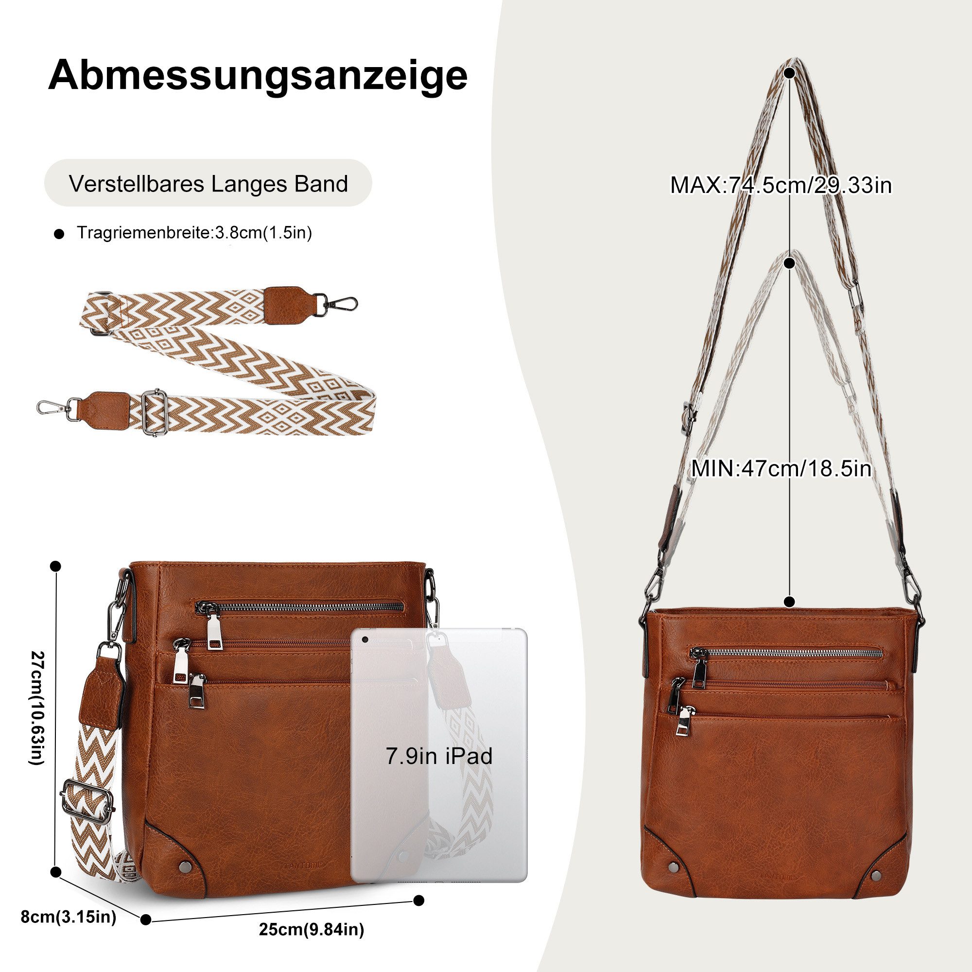 TAN.TOMI Umhängetasche Damen Mittelgroß Schultertasche Mehrere Taschen Crossbody Bag, Mit Verstellbarem Gurt für Schule Arbeit Reisen Ausflug Einkauf
