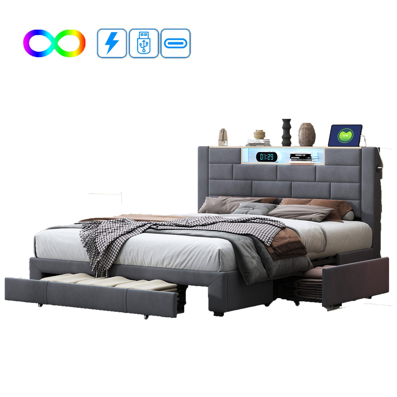FUROKOY Polsterbett LED Doppelbett Funktionbett mit günstig online kaufen