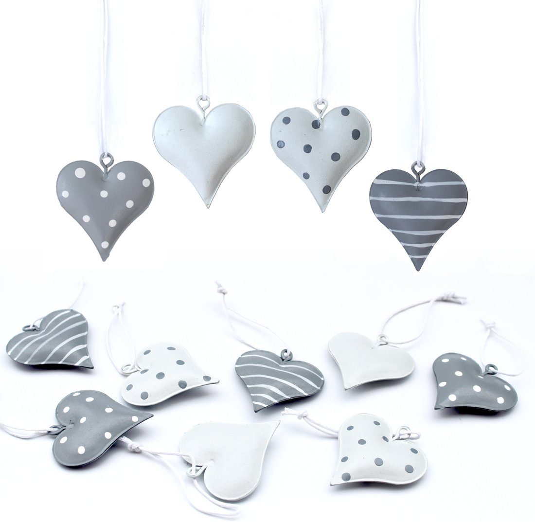 LB H&F Lilienburg Dekohänger 12er SET Herz Herzen Metall Hängedekoration Anhänger Shabby (Hochzeit Geburtstag Geschenkanhänger Metallherzen Herzhänger Herzanhänger Dekohänger Dekoherzen basteln hängen Punkte modern WEISS GRAU, Hänger Deko Frühling Herbst Winter Weihnachten Taufe Liebe Muttertag), Metallanhänger Landhaus Hängedeko Fensterhänger Fensterdekoration | Dekohänger