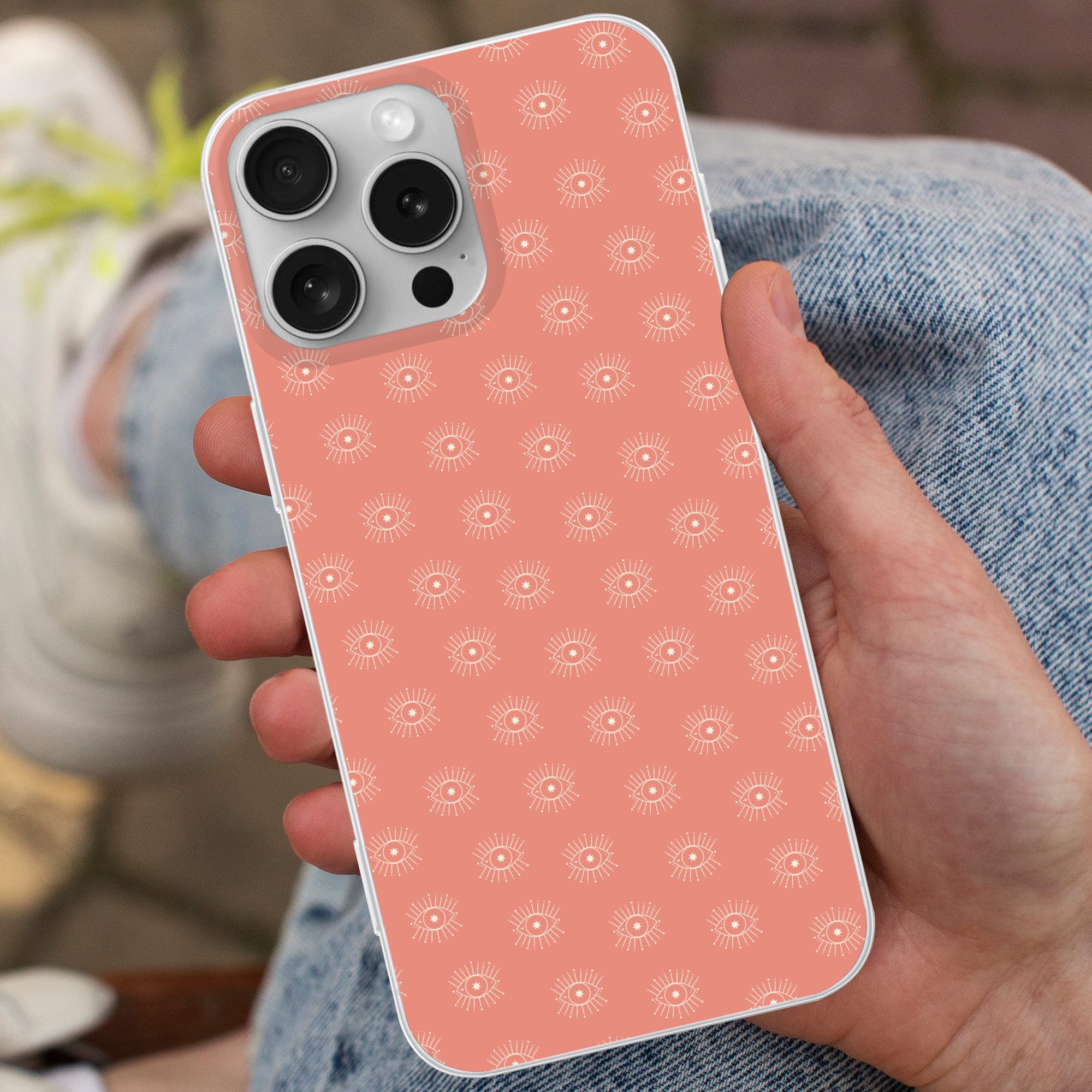 MuchoWow Handyhülle für Apple iPhone 16 Pro Max Boho - Druck - Rosa - Weiß - Augen, Smartphone-Bumper, Print, Handy Schutzhülle Dünn