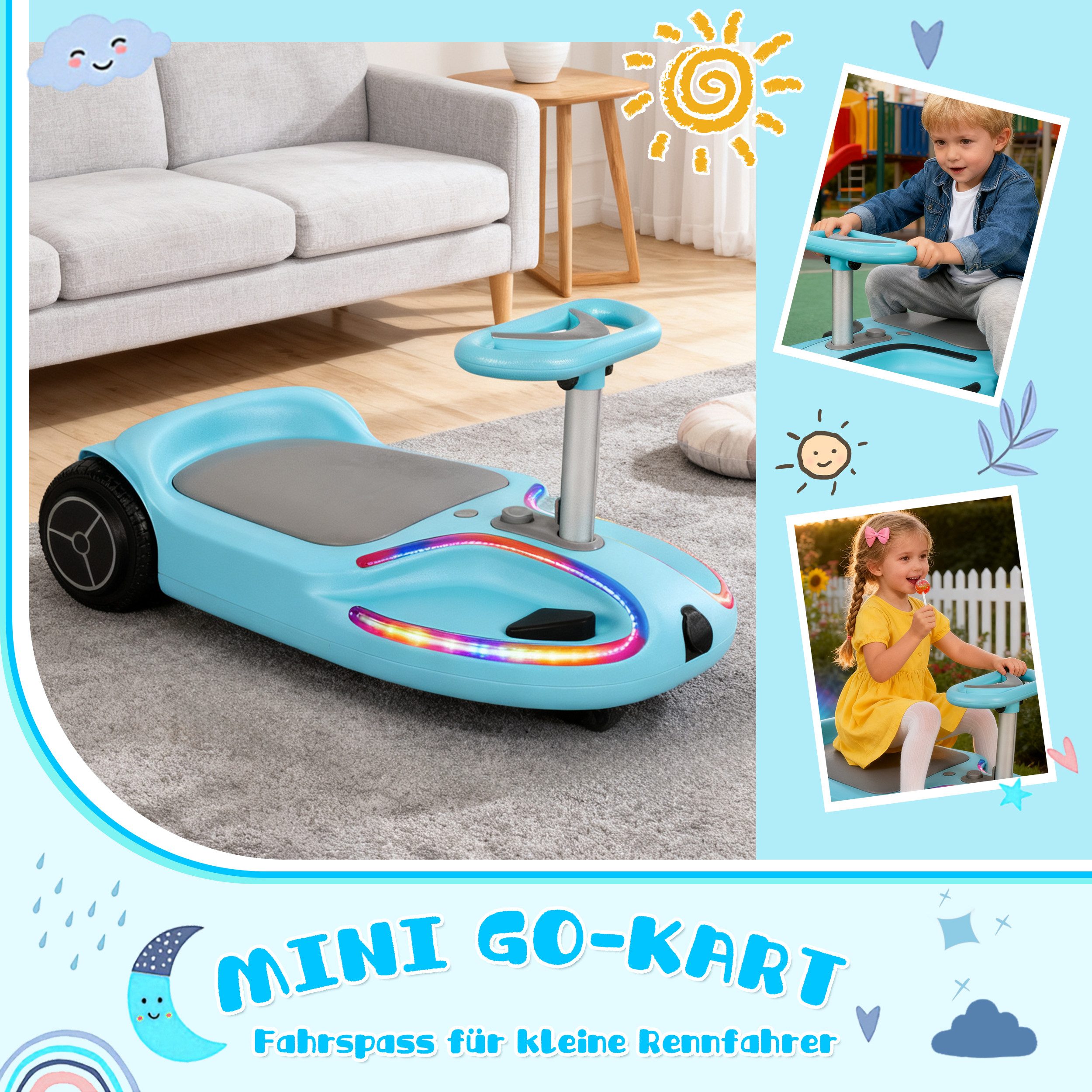 Vankel Go-Kart Mini Elektro Kettcar 180W Motor, 24V Lithium Akku, 360° Wendigkeit