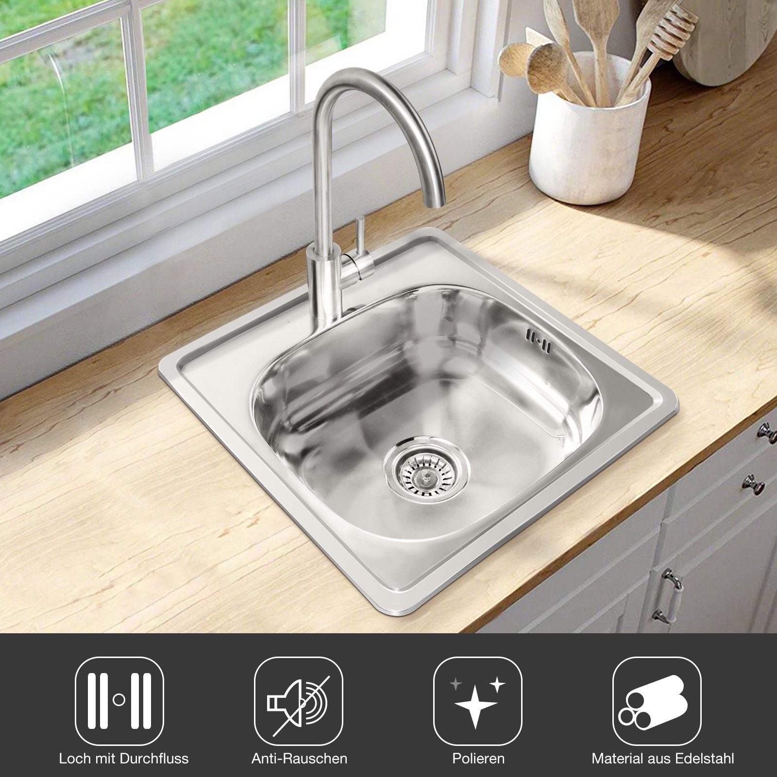 Midori Edelstahlspüle, Quadratisch, 480/150 cm, (1 St), Einbauspüle Küchenspüle Spülbecken Spüle Edelstahl quadratisch 48x48cm