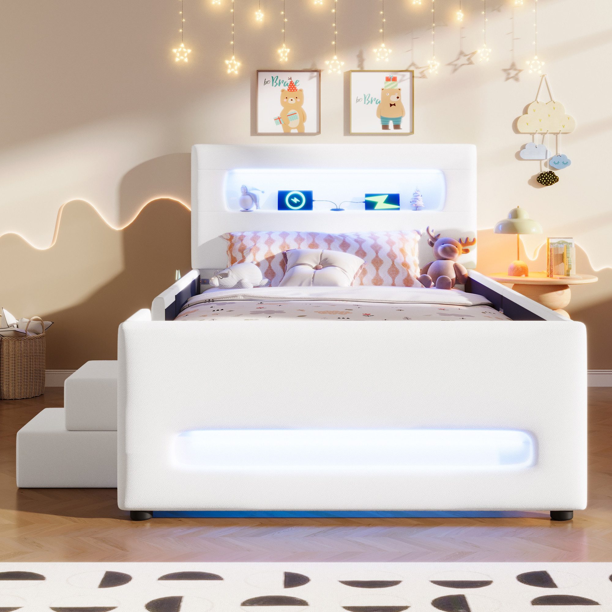 Ulife Polsterbett mit Treppe, Schubladen, LED-Beleuchtung + Stauraum, 90x200cm (1-tlg., Ohne Matratze), Gepolstertes Plattformbett Kinderbett Jugendbett, Beige/ Rosa