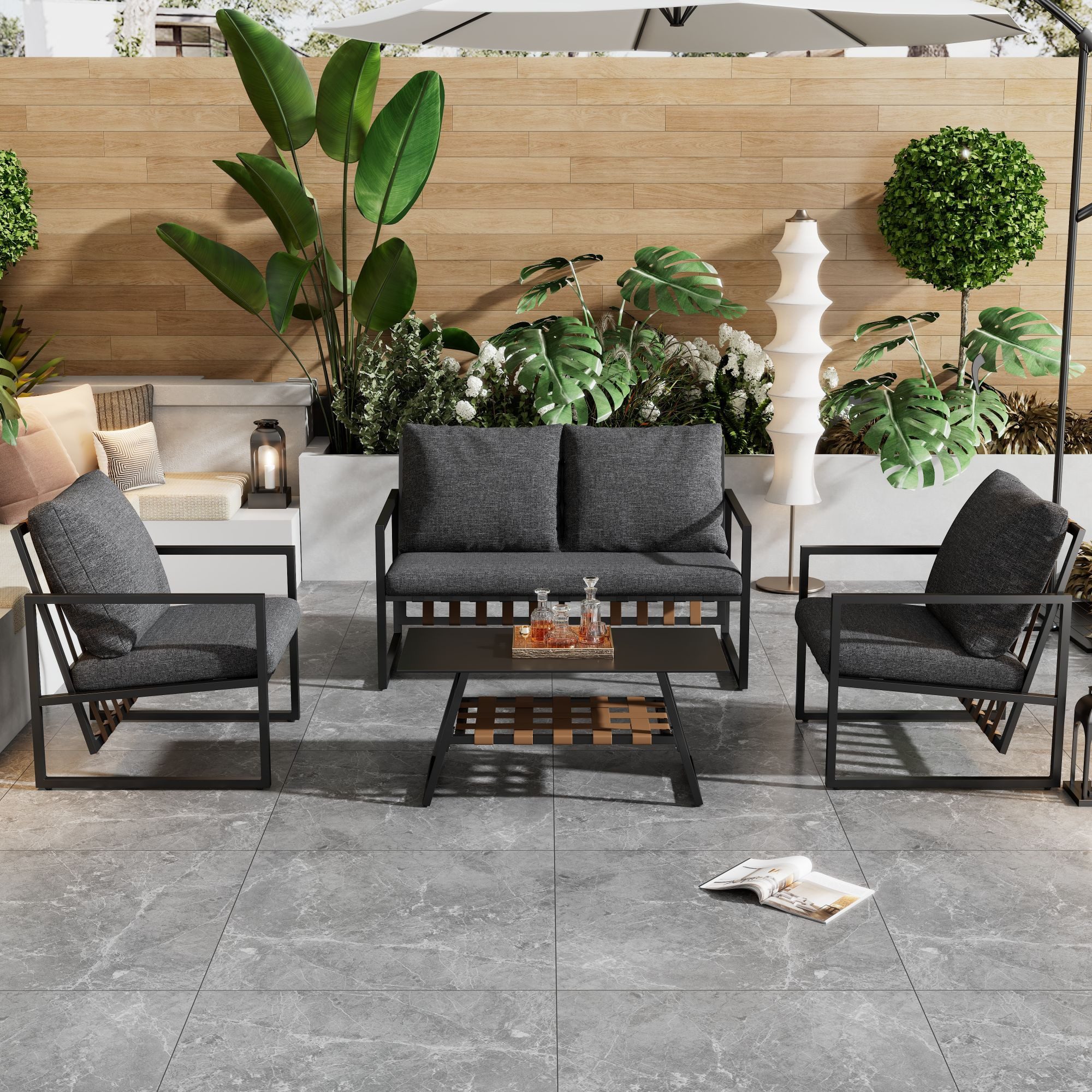Flieks Gartenlounge-Set, 4 Sitzer Gartenmöbel Balkonset Sitzgruppe(1 Sofa + 2 Sessel + 1 Tisch)
