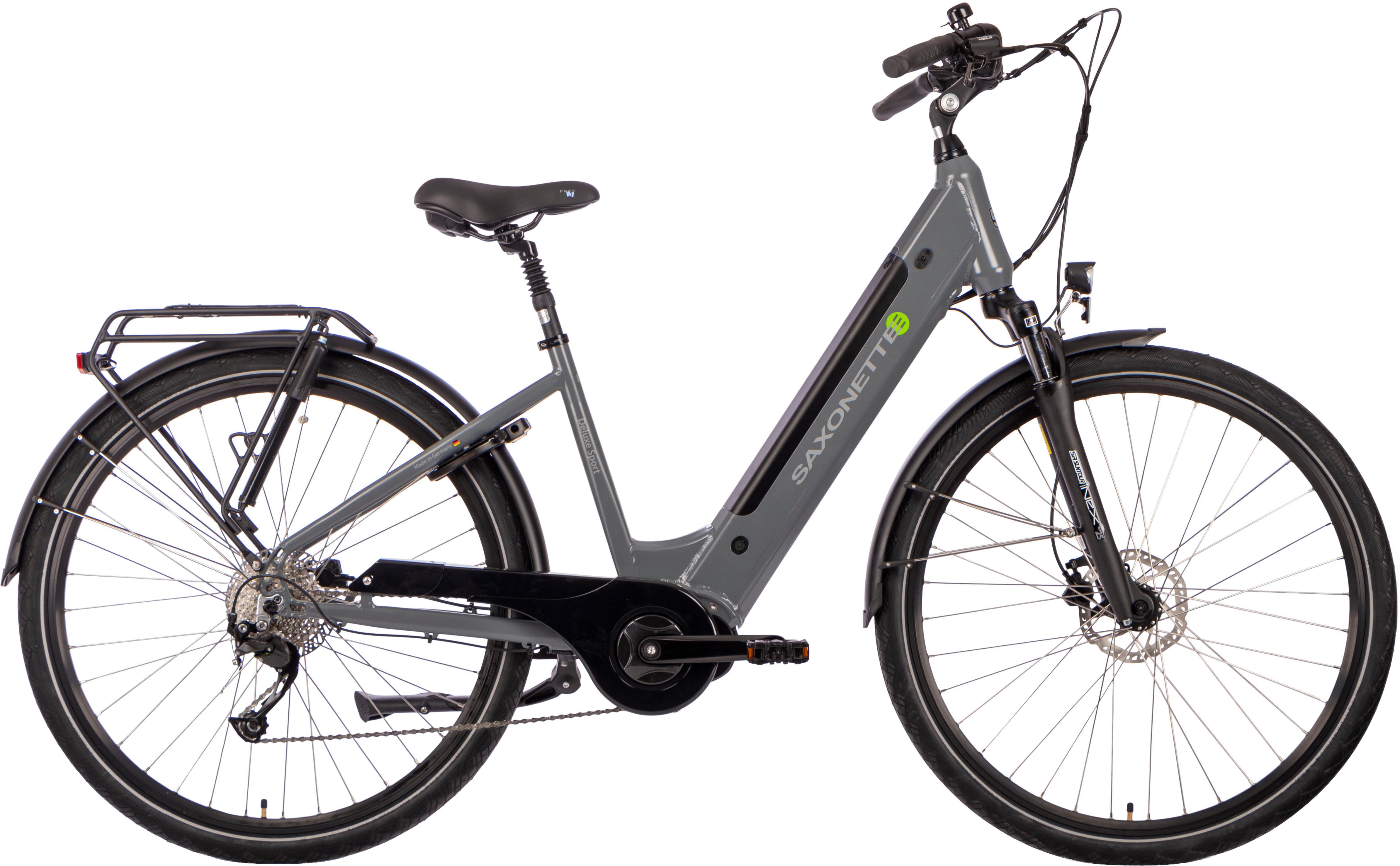 SAXONETTE E-Bike Trekkingrad E-Bike Cityrad Deluxe Sport (Wave), 9 Gang Shimano Alivio Schaltwerk, Kettenschaltung, Mittelmotor, 418 Wh, (Packung), (mit integr. Akku), Elektrofahrrad für Damen u. Herren