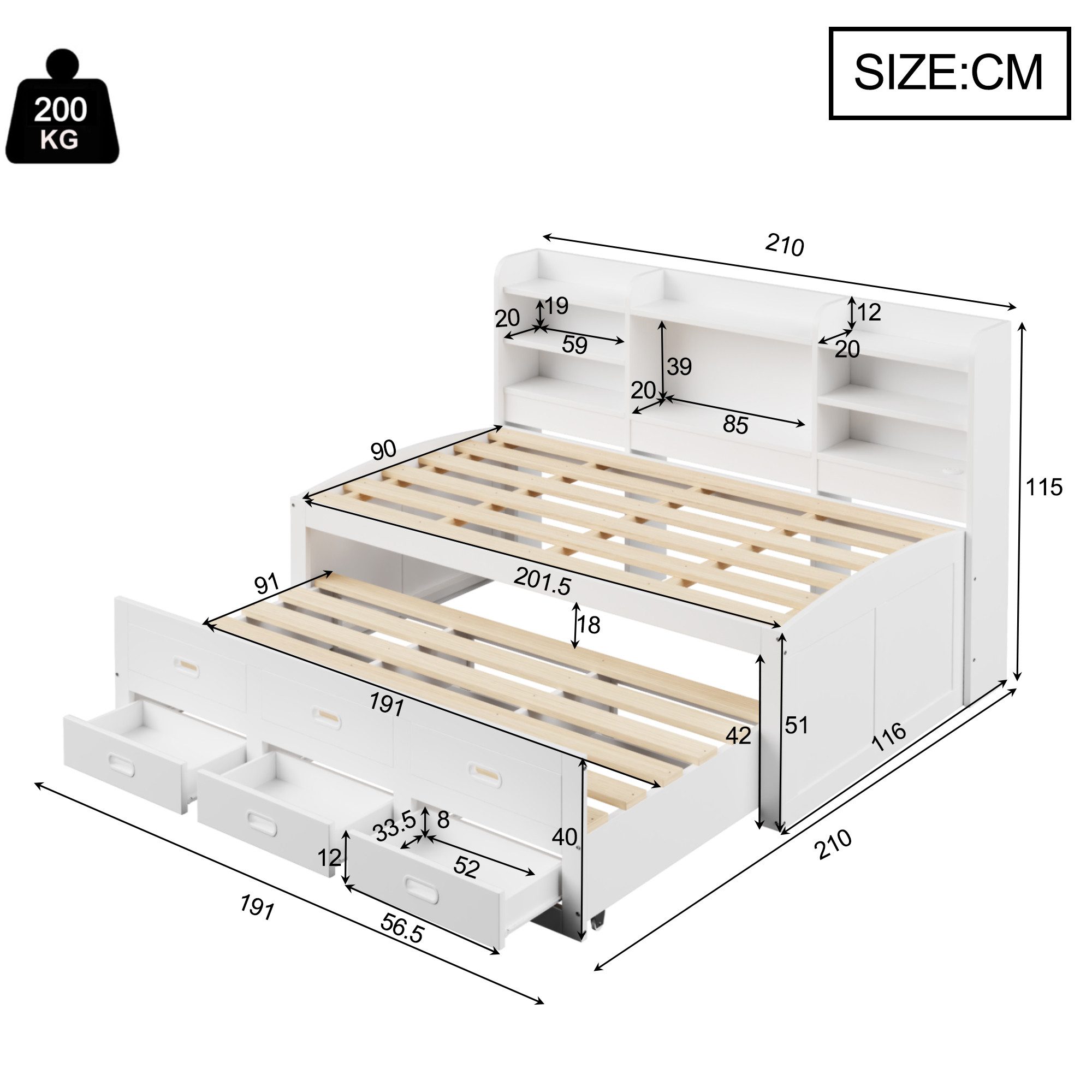 HAUSS SPOLE Schlafsofa 90 x 200cm mit Ausziehbett Led-fernbedienung, 3 schubladen, Weiß, 90x200 mit LED & 3 Schubladen, USB+Typ-C, Ausziehbett, ohne Matratze