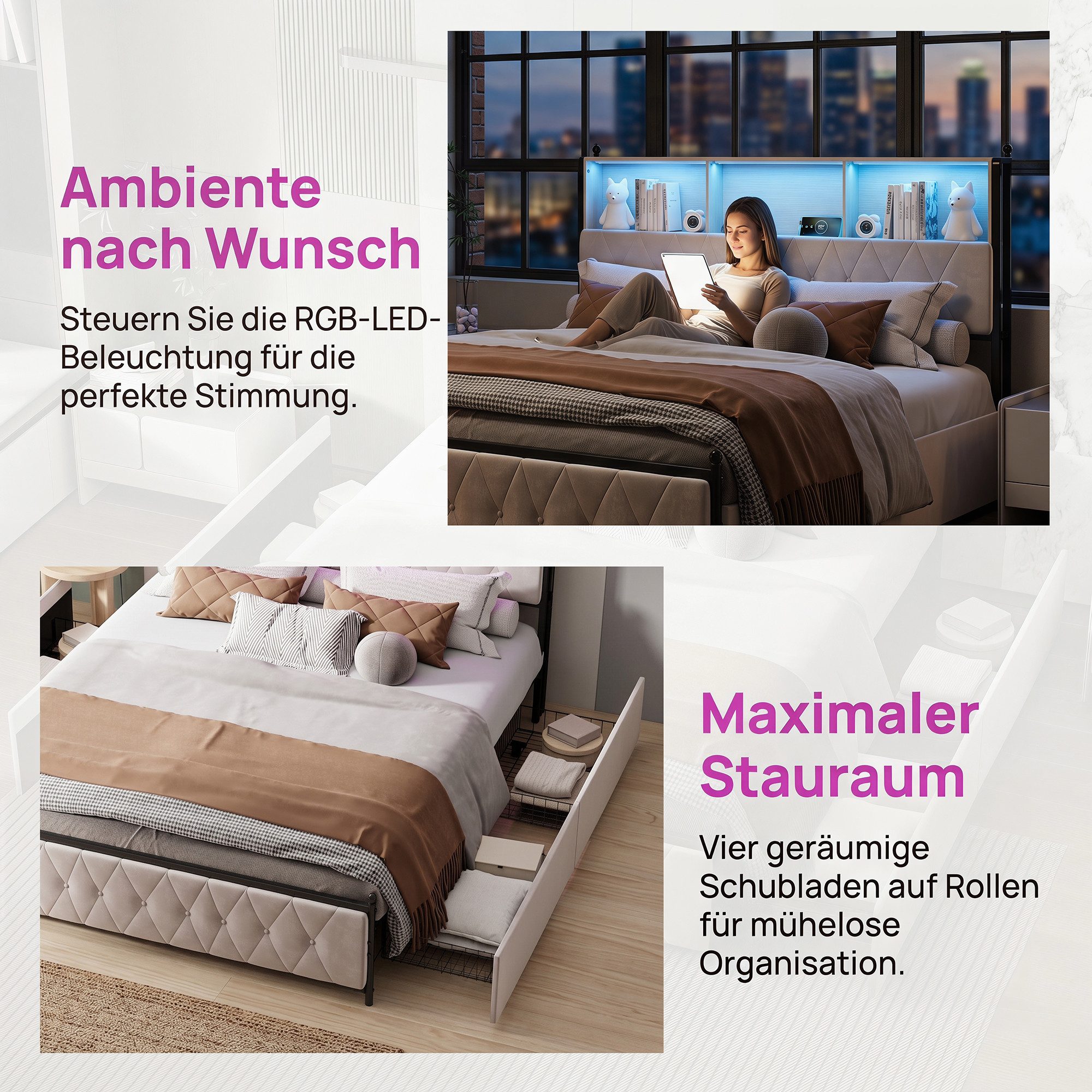 ADWOLT Polsterbett Doppelbett Stauraumbett mit 4 Schubladen und USB+Type C-Schnittstellen (Jugendbett, 1-tlg), 140x200 cm,Gepolstert,Schubladen mit Rädern,Samt – Bild 4 von 5