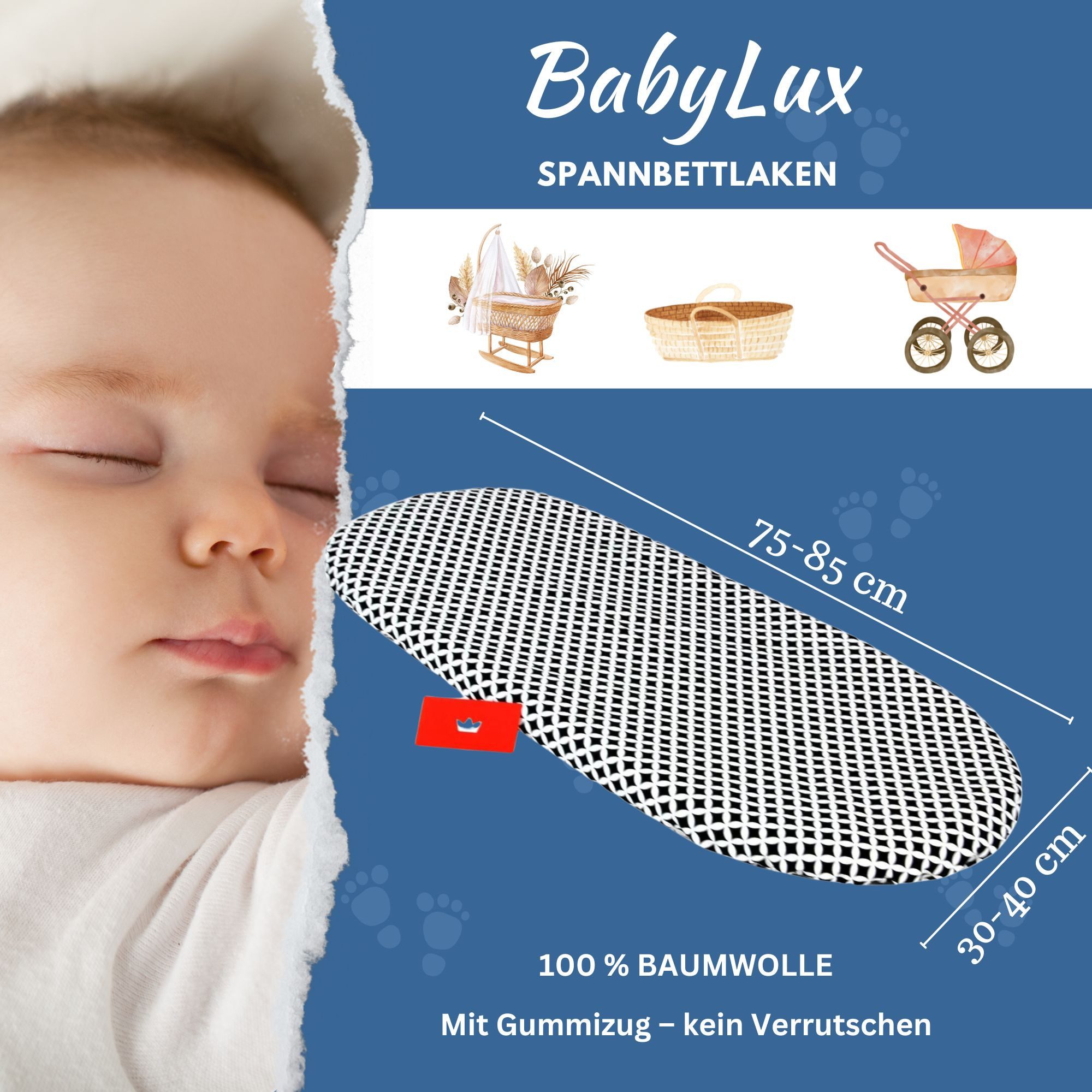 BabyLux Spannbettlaken BABYLUX Spannbettlaken Kinderwagen Baby Spannbetttuch Wiege Bettlaken, 107. Marokko Schwarz