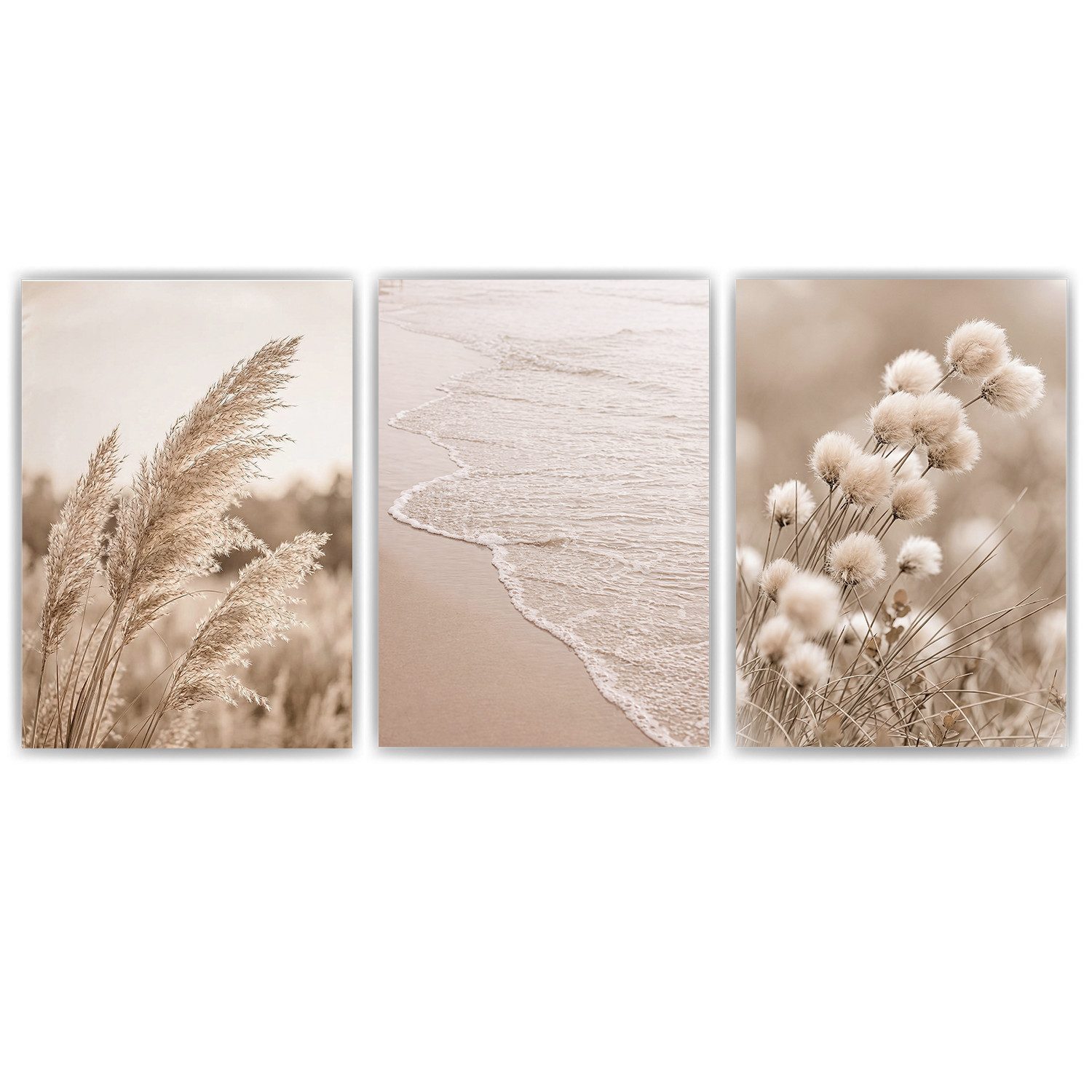 Tigerlino Poster Strand Poster 3er Set Beige Pampasgras Meer Boho Wandbilder