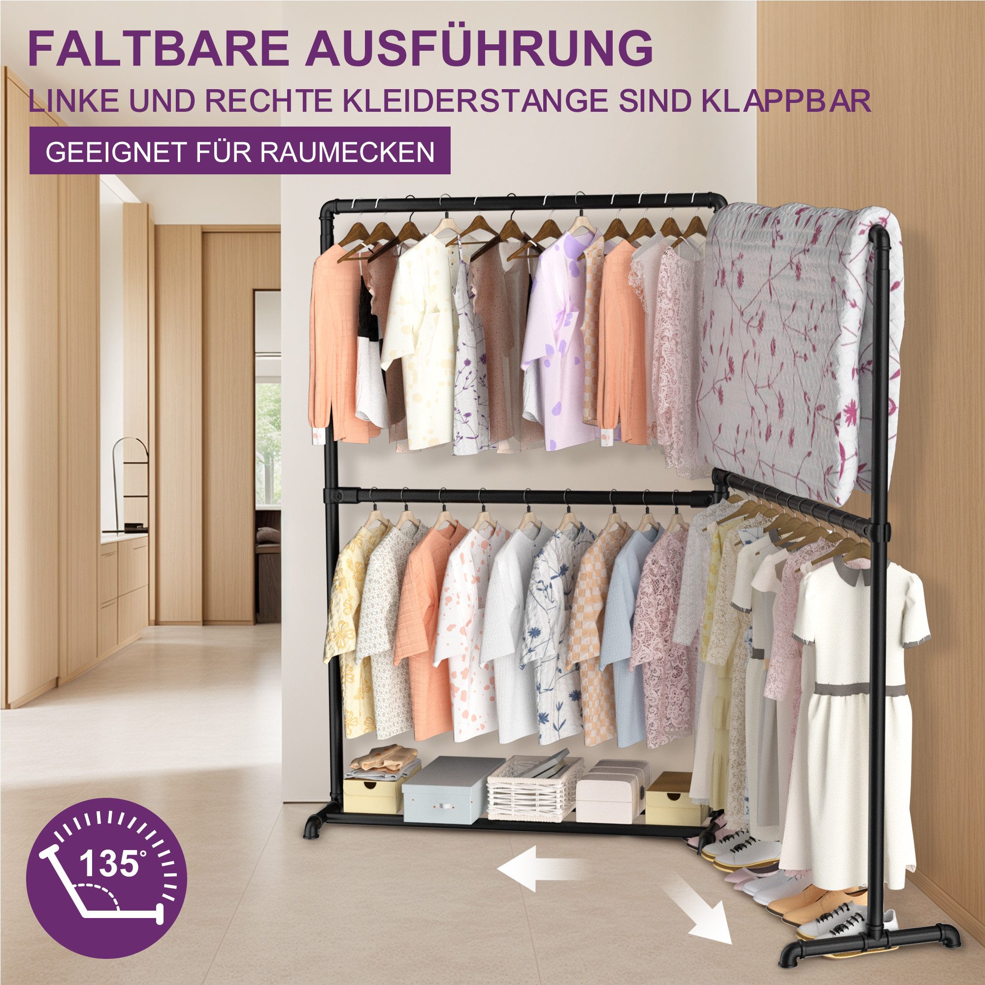 loefme Kleiderständer Schwerlast Kleiderständer mit 360° klappbaren Seitenarmen, (1 St), freistehende Metall Kleiderstange mit Bodenablage, 150 kg Tragkraft