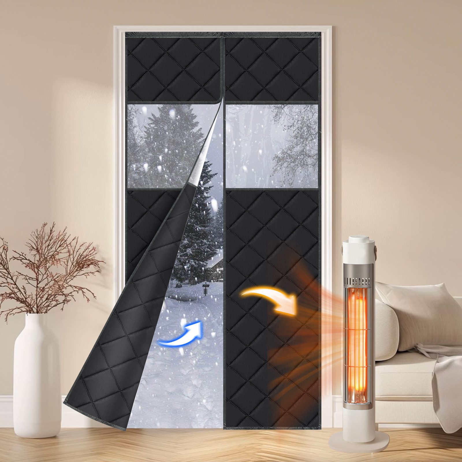 Rosnek Türvorhang Thermo Türvorhang mit Magnet, wärmeisolierend, wind- & kälteschützend, Gesteppt & selbstklebend, mit Sichtfenster, Größe 90x210 cm, 420 gsm