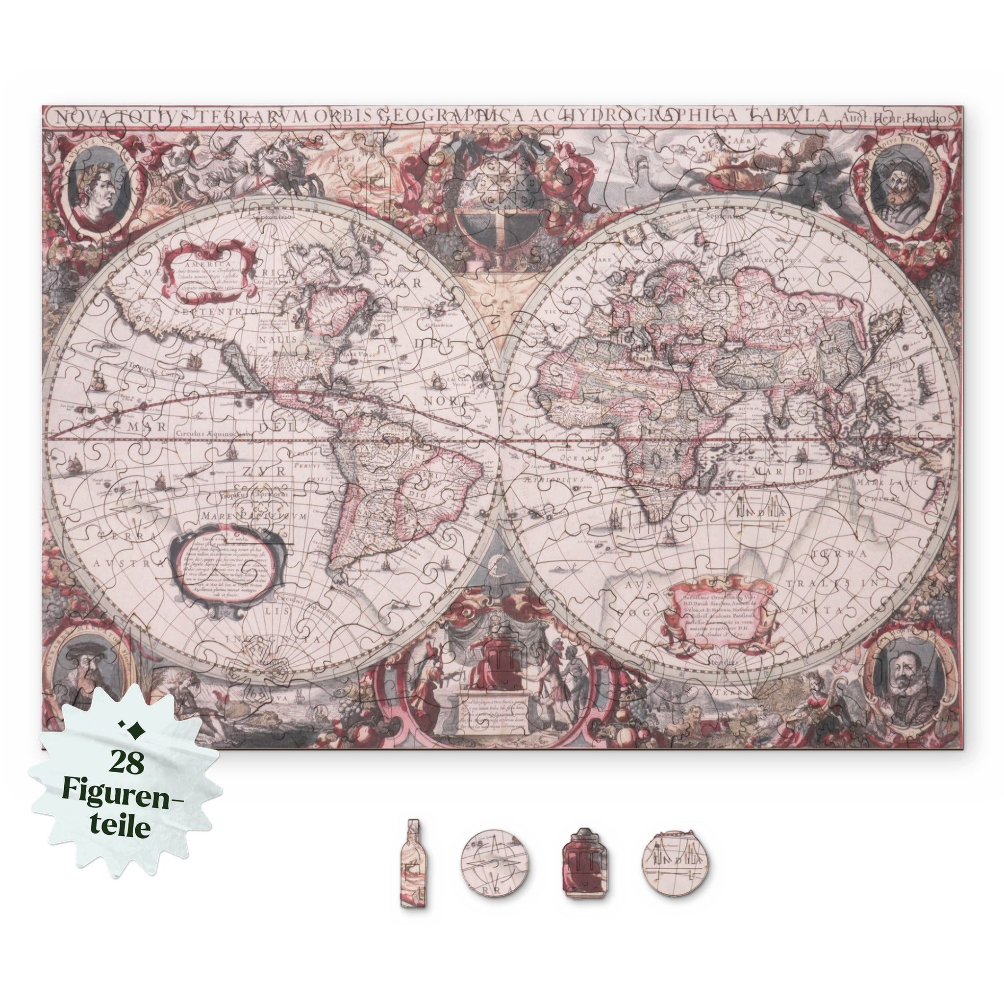 MagicHolz Puzzle Antike Weltkarte Henricus Hondius aus Holz, 250 Puzzleteile, mit figürlichen Sonderformteilen