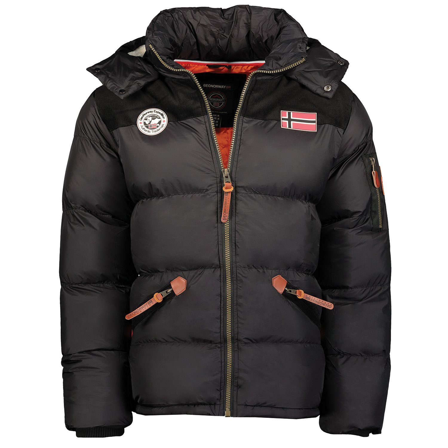 Geographical Norway Winterjacke Celian mit abnehmbarer Kapuze, mit Stehkragen, Windbreaker, gefütterte Kapuze, warme Herren Steppjacke Schwarz