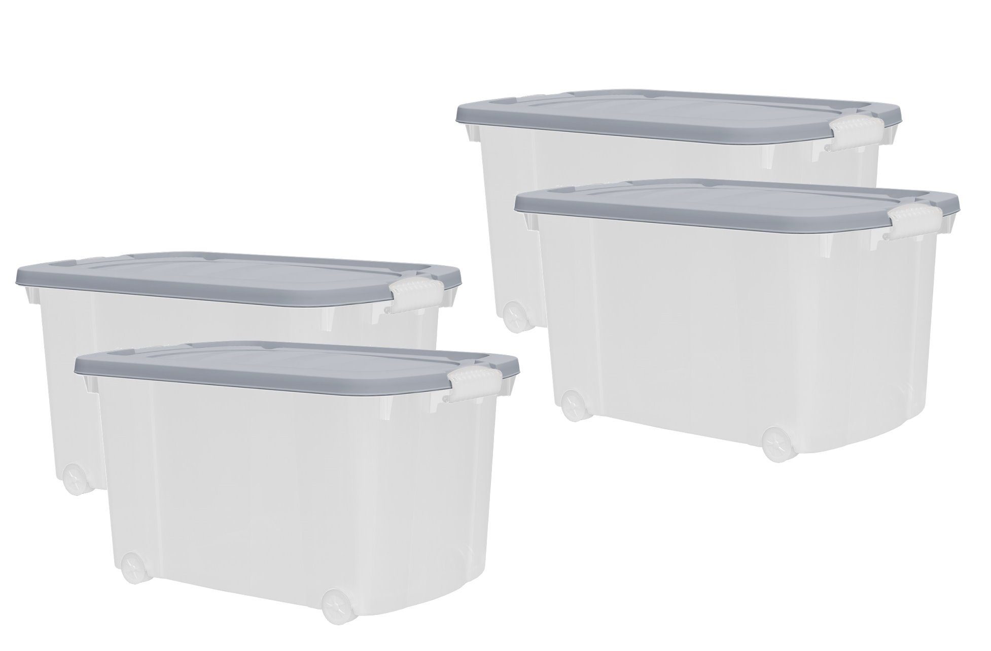 dynamic24 Aufbewahrungsbox mit Rollen und Deckel (4 St), Kunststoffbox Stapelbox Lager Regal Box Transparent