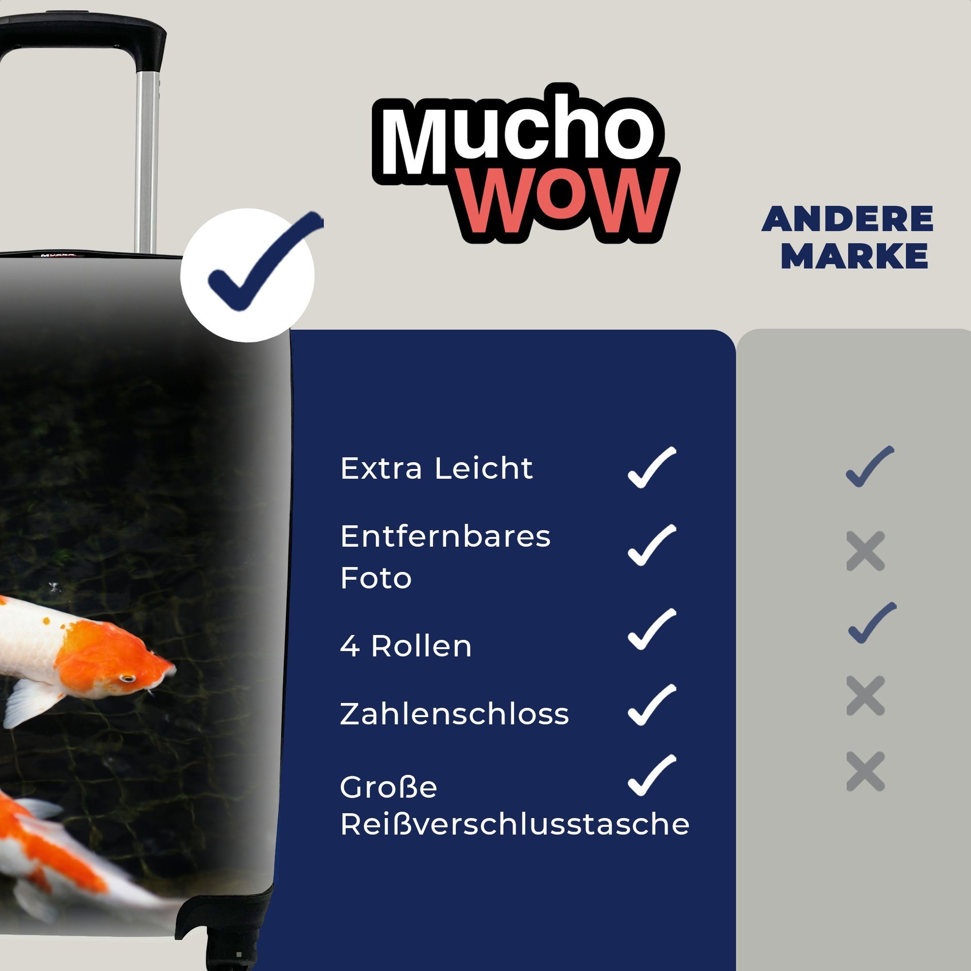 schwarzen in Rollen, Handgepäckkoffer für 4 Trolley, mit Ferien, flachen Reisetasche rollen, Handgepäck Teich, einem MuchoWow Reisekoffer Koi-Karpfen