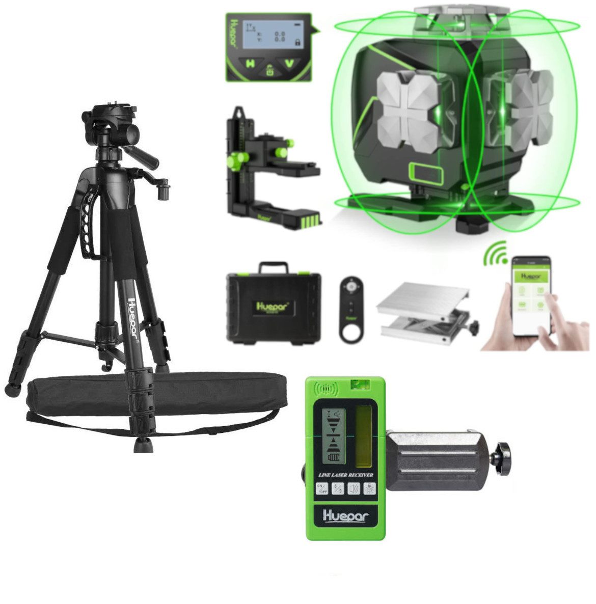 Huepar Kreuzlinienlaser Huepar S04CG LCD-Bildschirm 4D Laser mit Halterung und Hebebasis