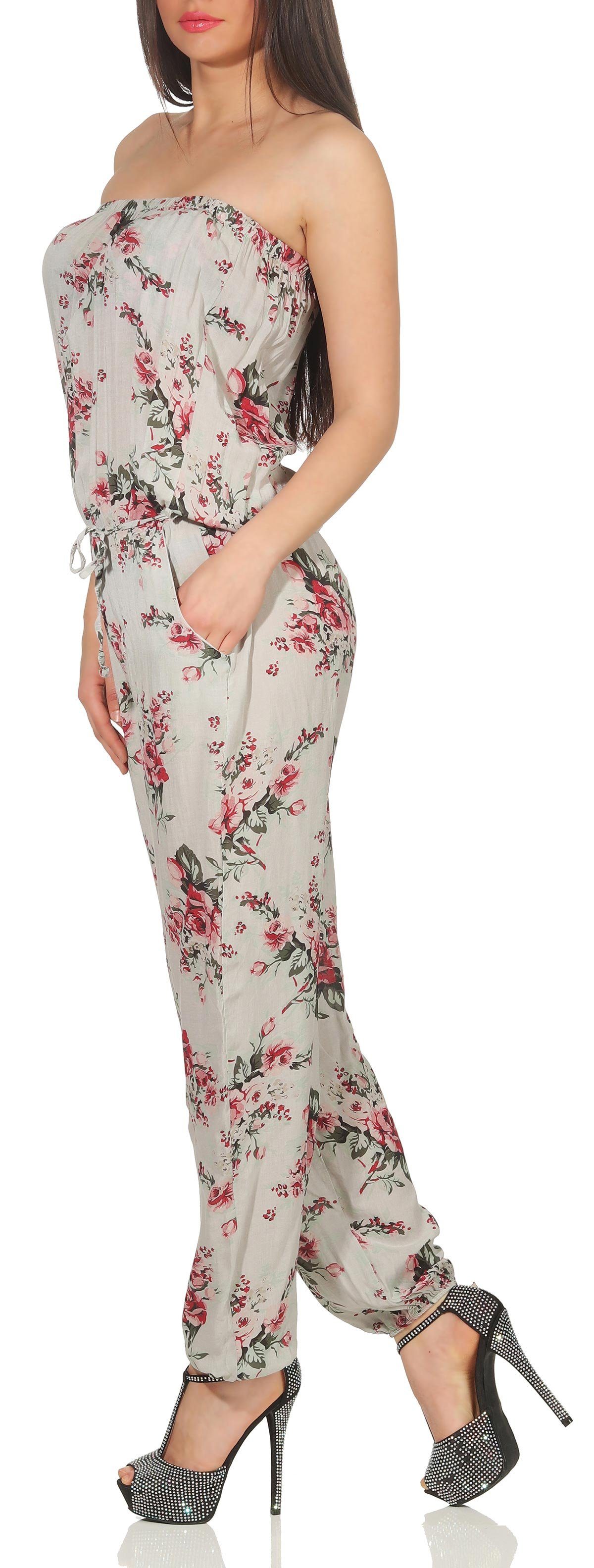 malito more than fashion Jumpsuit malito Damen Einteiler geblümt, Overall mit Stoffgürtel, Jumpsuit mit Stoffgürtel Einheitsgröße