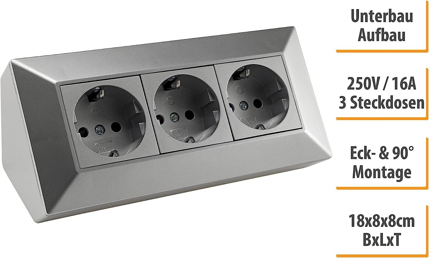 ChiliTec 3-fach Steckdosenblock, silber Mehrfachsteckdose