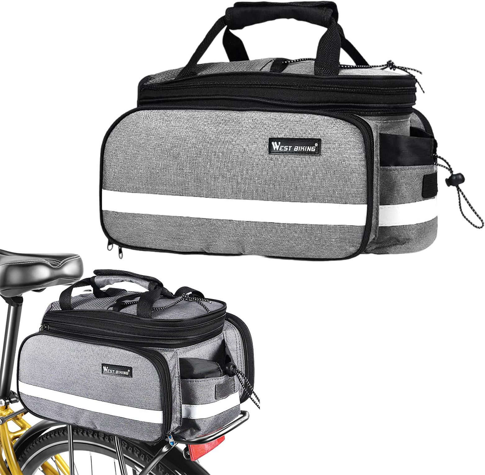 OKWISH Fahrradtasche Fahrradtaschenrucksack Gepäckträgertasche Rahmen-Tasche Satteltasche (wasserdichte Radtasche reflektierend abnehmbarer Schultergurt, 1-tlg., 30x20x20cm, grau), einfacher Montage für Mountainbike Rennrad und Trekkingrad