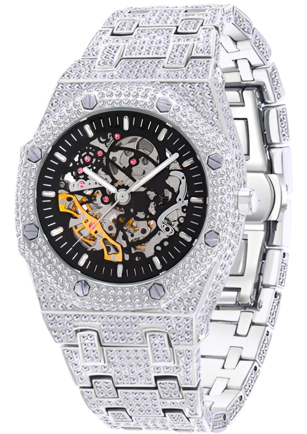 S&T Design Automatikuhr Iced Out Uhr Armbanduhr Herrenuhr Mechanische Skelettuhr, (inkl. Armbandkürzer), Geschenkbox), Achteckig, Edelstahl, Diamantzirkonia, Wasserdicht 3Bar