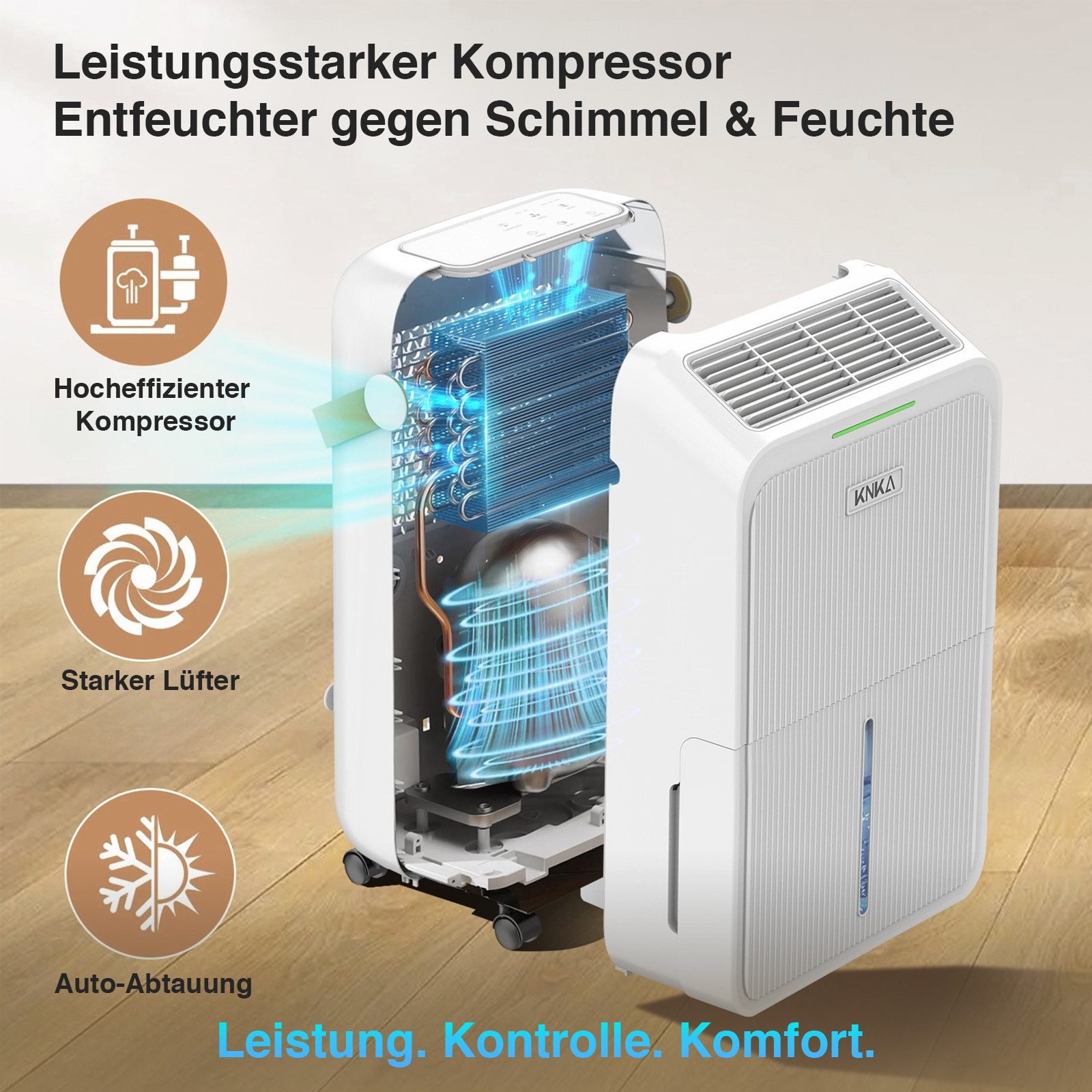 KNKA PRO Luftentfeuchter Gegen Schimmel & Nässe: Kompressor-Entfeuchter für große Räume, für 232 m³ Räume, Entfeuchtung 16 l/Tag, Tank 2,5 l, Dauerablauf,leise & energieeffizient für Keller, Bad und Schlafzimmer