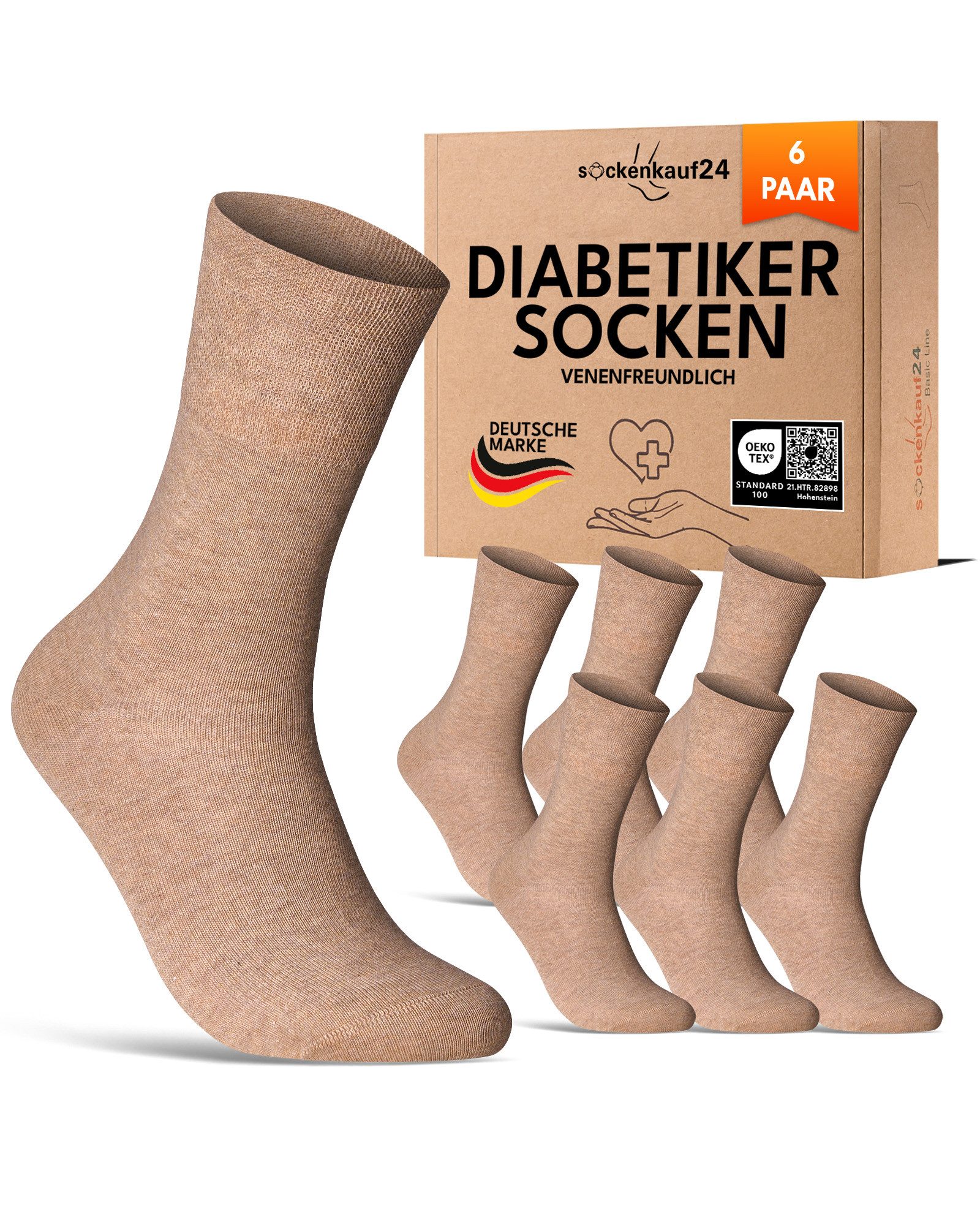 sockenkauf24 Diabetikersocken 97% Baumwolle ohne Gummibund & ohne Naht mit Komfortbund (6-Paar) Diabetiker Socken ohne Gummi für Damen & Herren