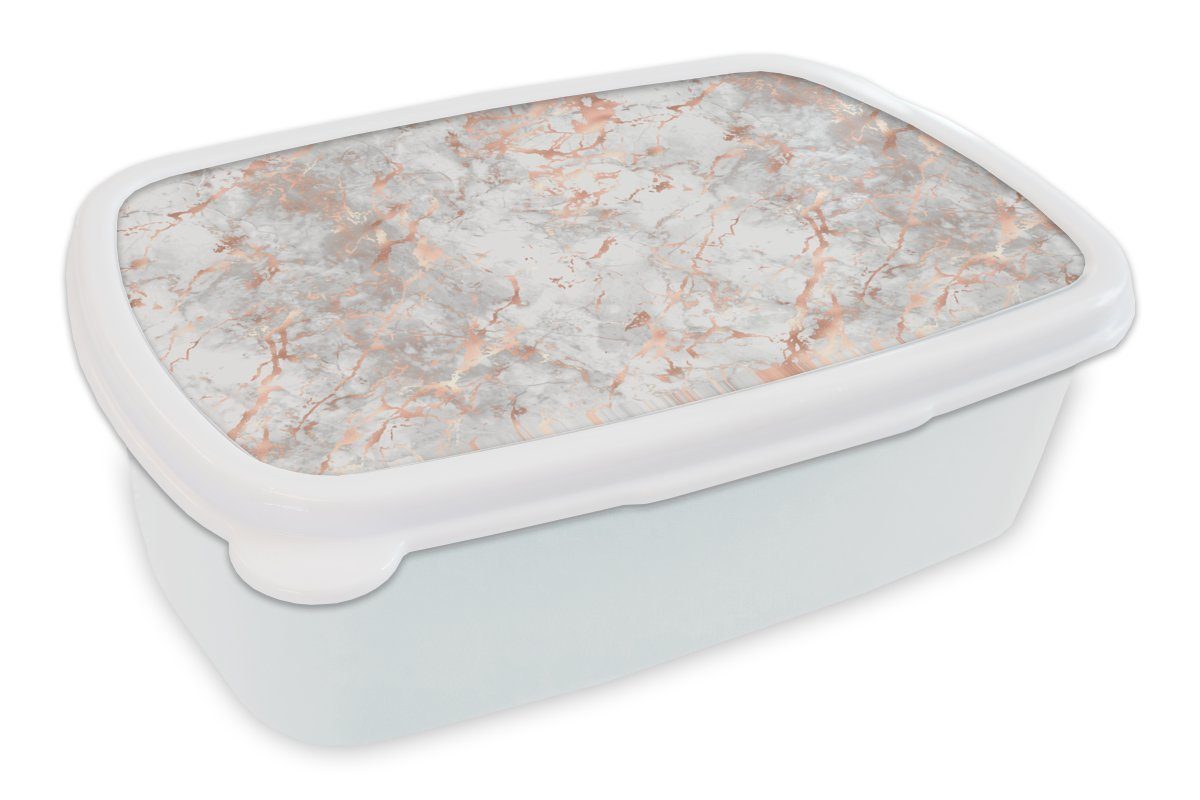 MuchoWow Lunchbox Roségold - Marmor - Weiß - Gemustert, Kunststoff, (2-tlg), Brotbox für Kinder und Erwachsene, Brotdose, für Jungs und Mädchen