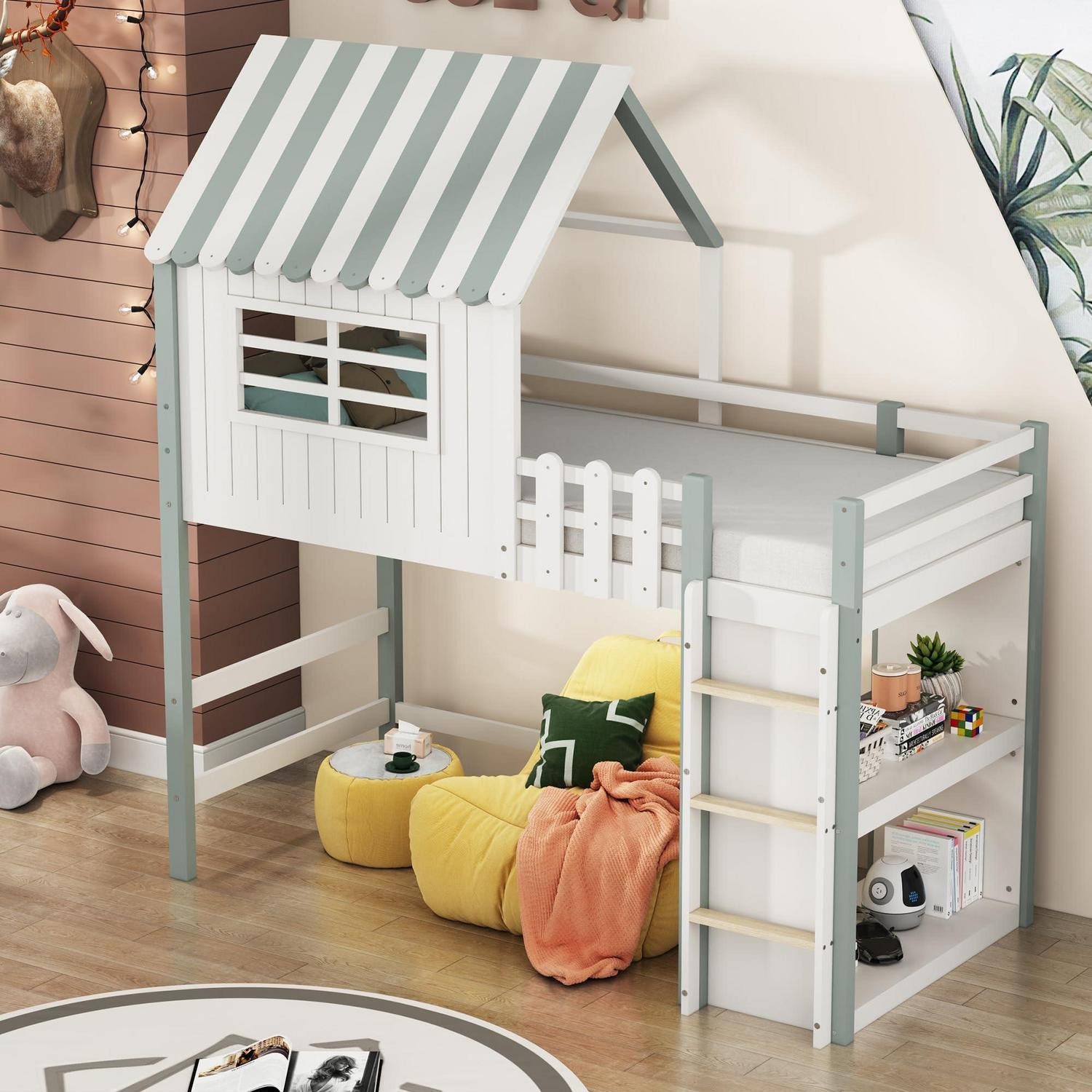 LuxusKollektion Hochbett Kinderhochbett 90x200 Hausbett grün (1-St)