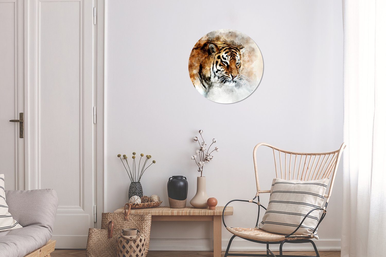 - Wohnzimmer Wandsticker Tapetenkreis (1 St), - Weiß für MuchoWow Tapetenaufkleber, Rund, Tiger Gemälde Kinderzimmer,