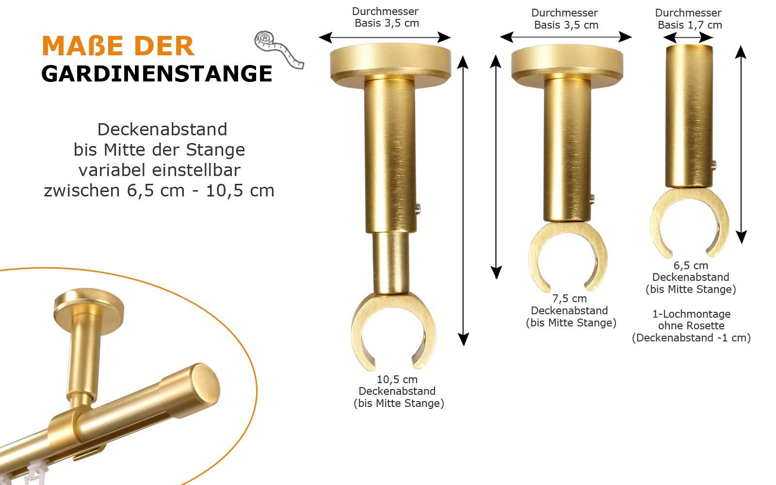 iso-design Gardinenstange Innenlauf zur Deckenmontage 20 mm Durchmesser variabler Deckenabstand, Ø 20 mm, Deckenmontage, geschraubt, Aluminium, Komplett Set 1-läufig, Deckenmontage