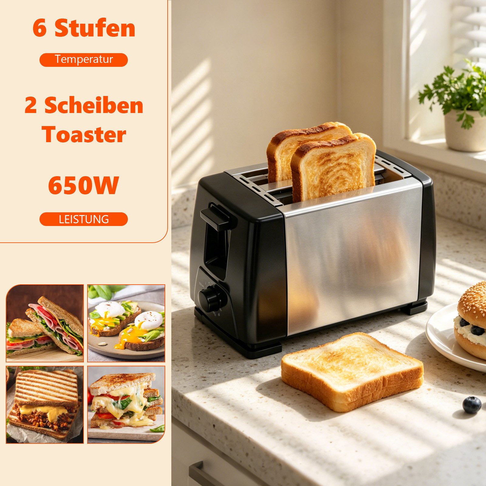 OZAVO Toaster 2-Scheiben-Toaster mit 6 Stufen und Stoppfunktion, 2 kurze Schlitze, für 2 Scheiben, 650 W, Brot-Schlitz: 13 cm × 3 cm,Mit Krümelschublade