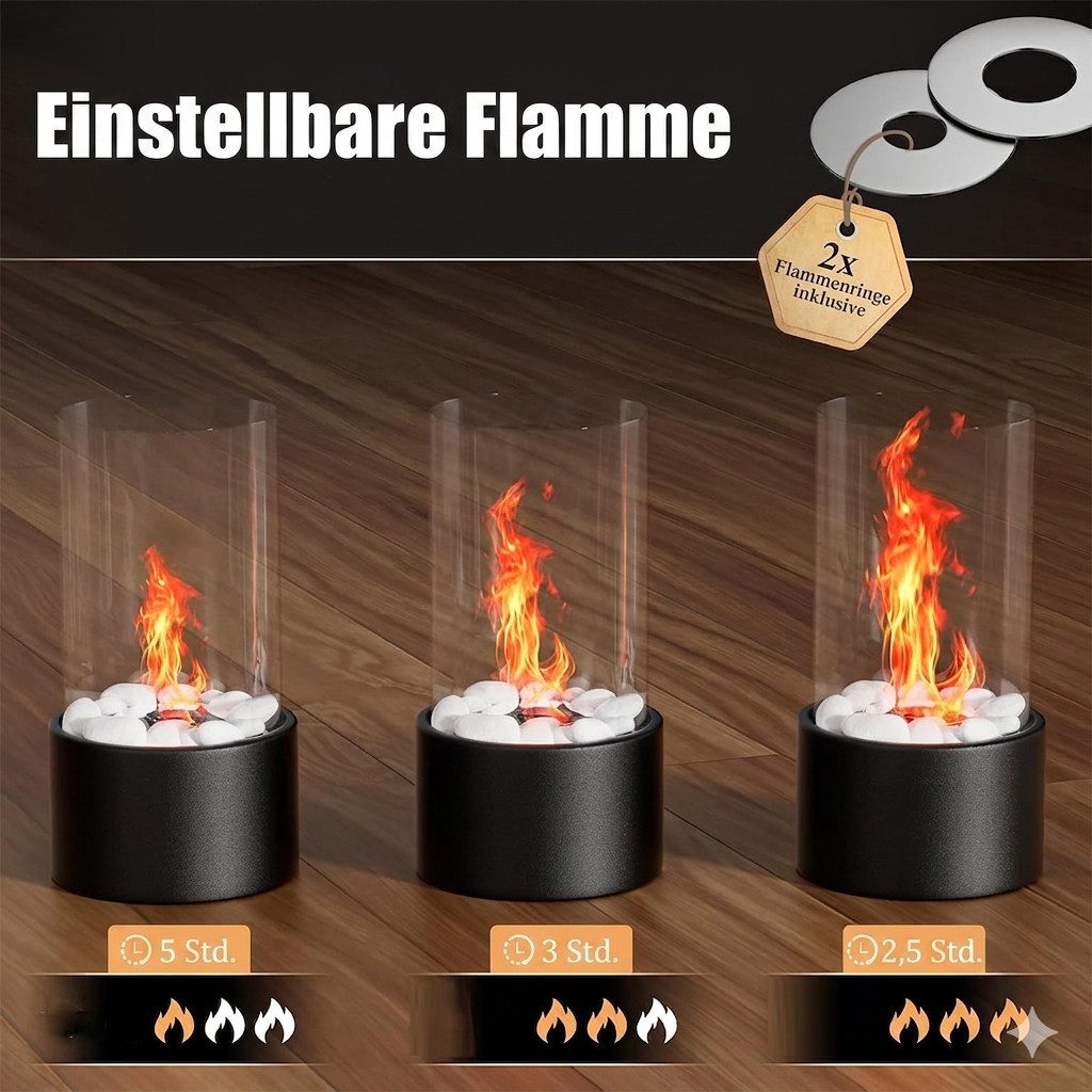 Tabletop Tischfeuer Tischfeuer Tischkamin Bioethanol Kamin mit Glas Dekosteinen Schwarz (Tischfeuer Set mit 2 Brennkammern Flammenringen Zange und Handschuhen,  – Bild 5 von 5
