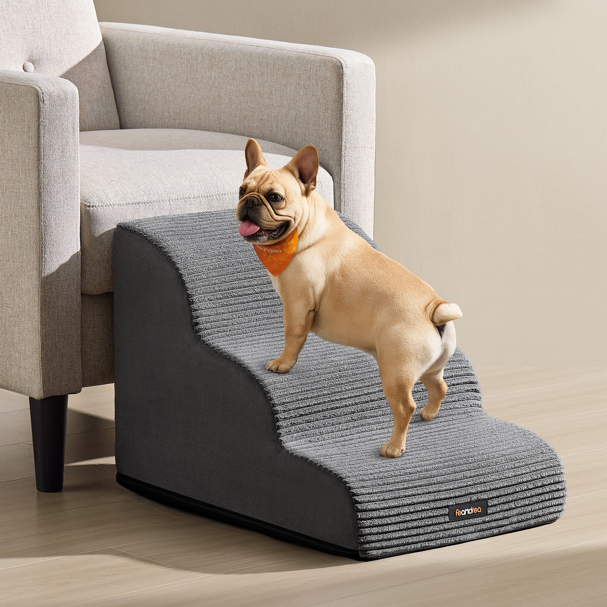 FEANDREA Haustiertreppe 2/3/4-stufig-Hundetreppe,waschbar,rutschfest geringe Neigung für Bett, Sofa, Cord mit Querstreifen, wasserdicht, abnehmbarer waschbarer Bezug