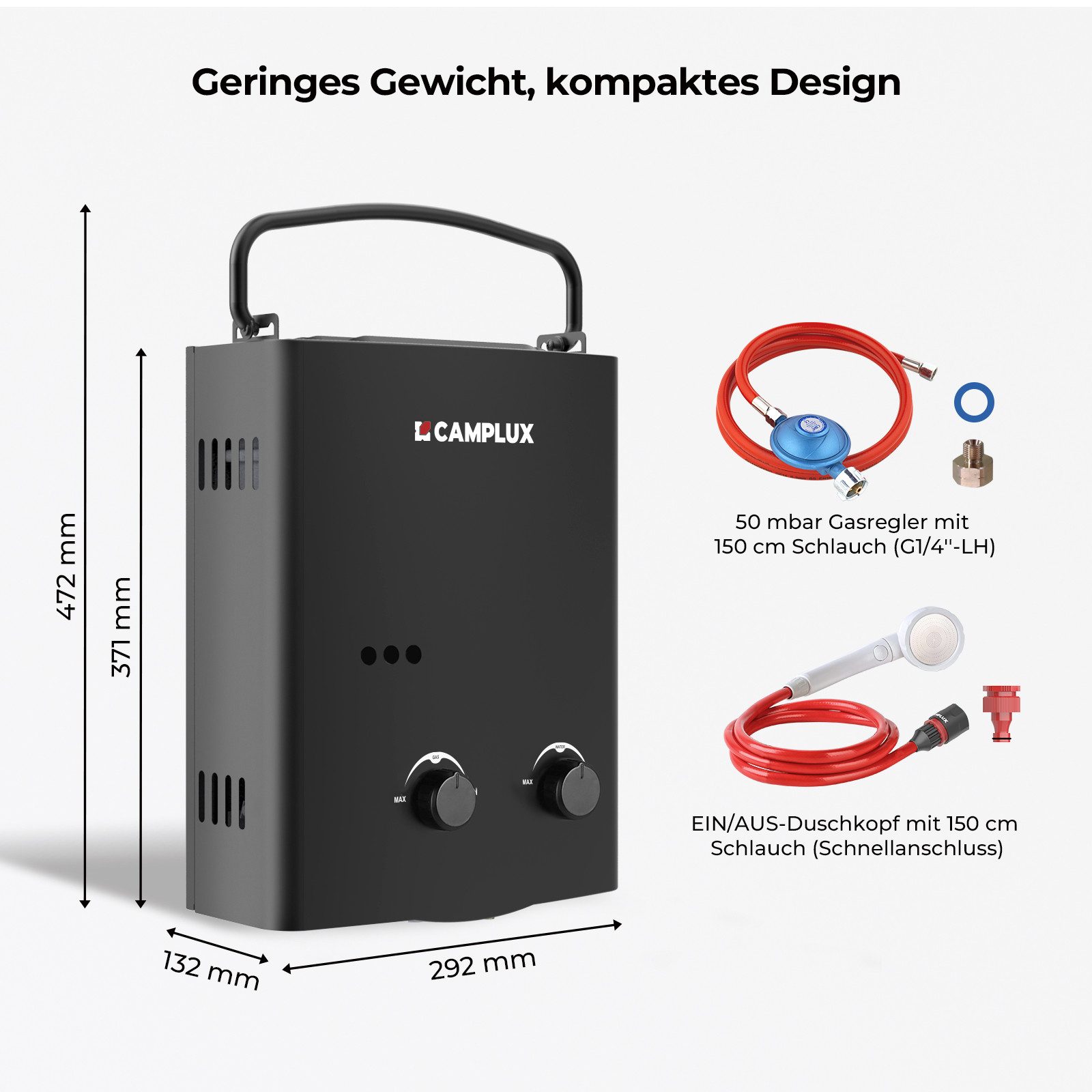 CAMPLUX Durchlauferhitzer AY132B-DE Campingdusche, 50 mbar, min. 10 °C, max. 65 °C, LPG Durchlauferhitzer 5L 10 kW Warmwasserbereiter 50 mbar – Bild 4 von 5