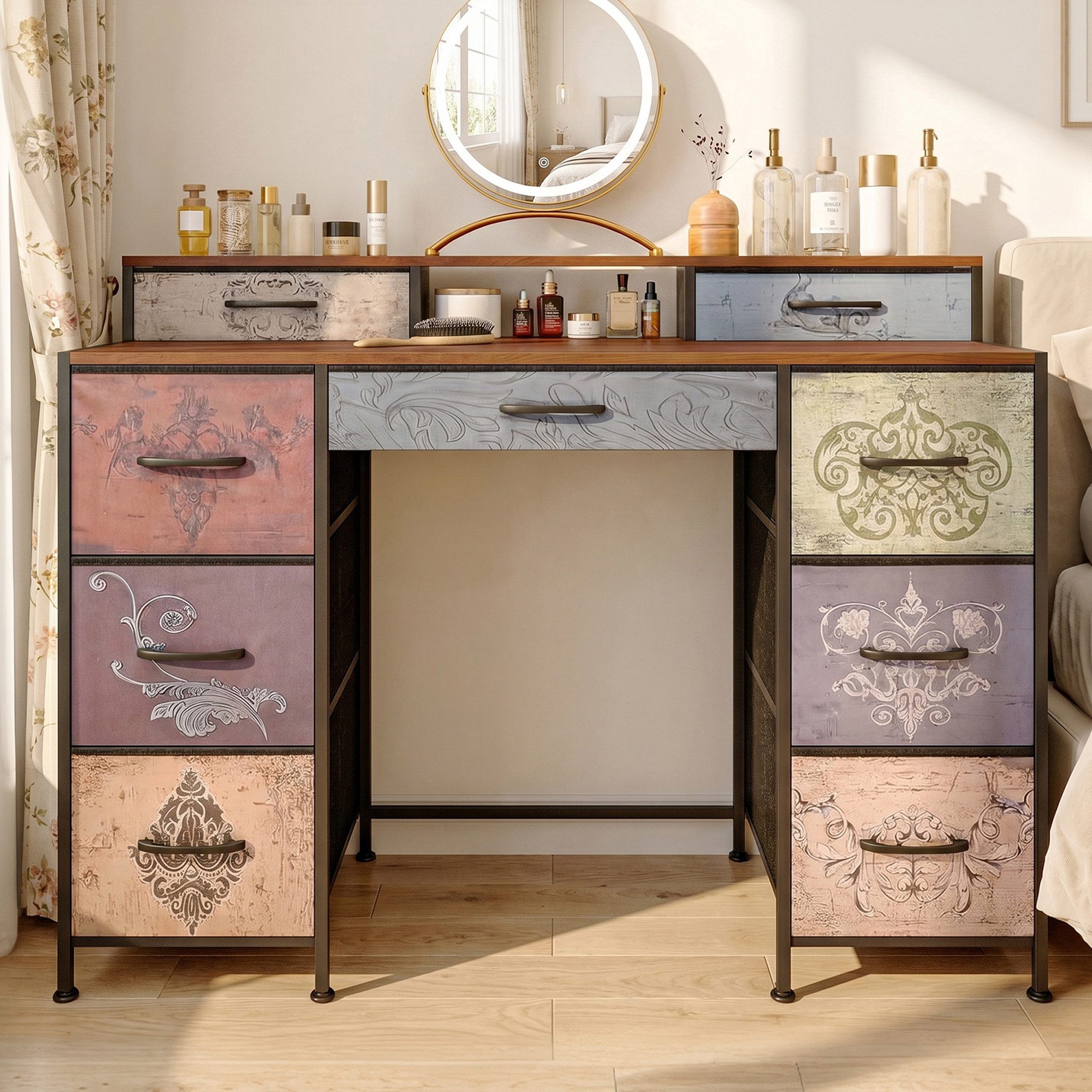 zebery Schminktisch Frisiertisch Mit 9 Schubladen Kosmetiktisch Kommode - Metallrahmen (Set, 1-St), 121x40x91.2 cm,mit Kippschutzvorrichtung,Bedruckte Schubladenfronten