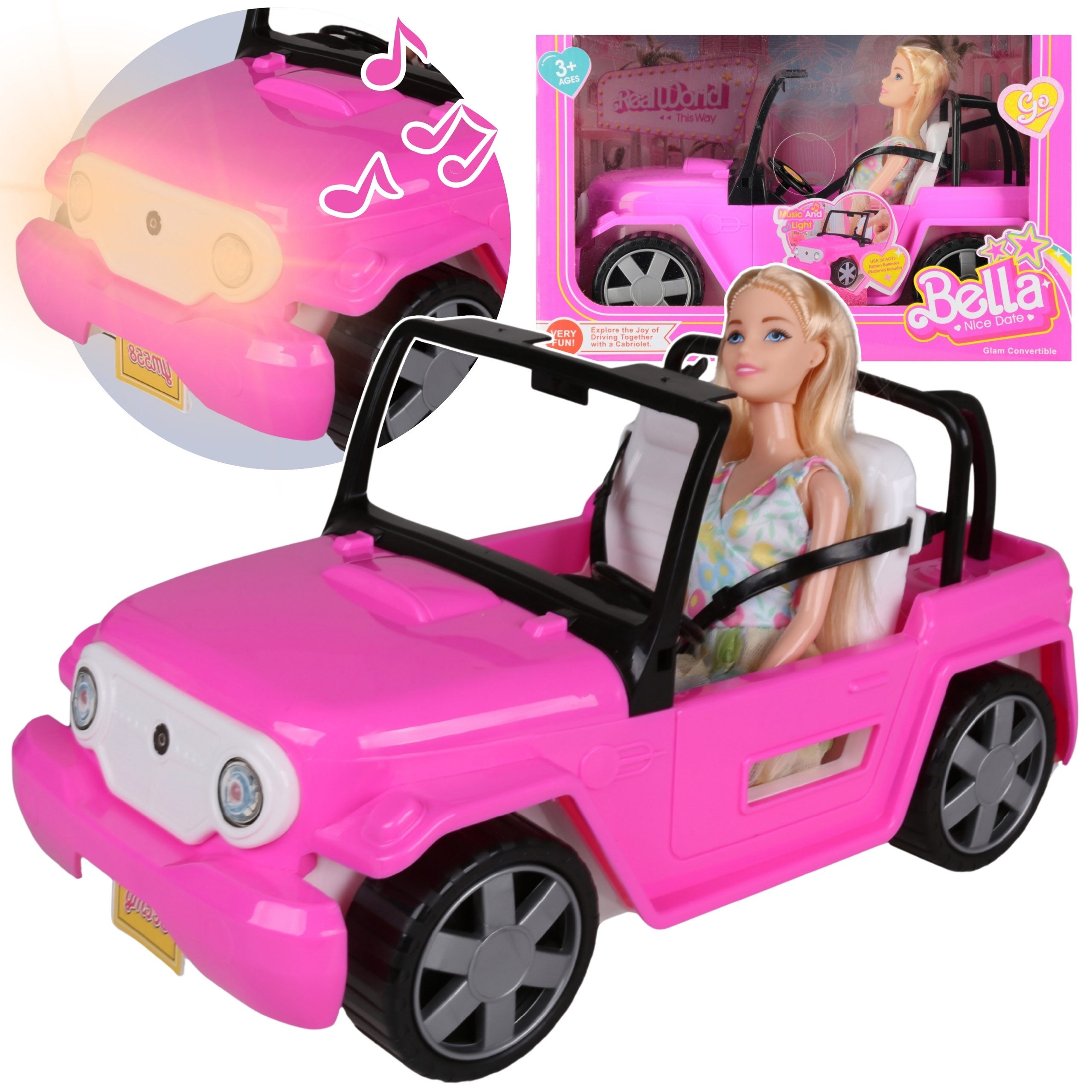 Sarcia.eu Puppenauto Rosa Puppenauto Cabrio + Puppe, mit Licht & Sound, Kinderspielzeug