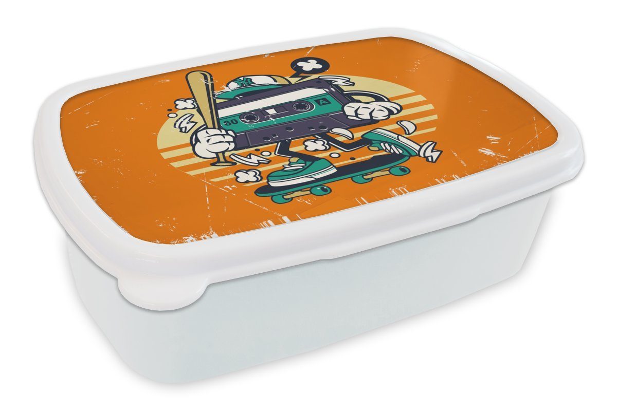 MuchoWow Lunchbox - Brotdose, Kassette Erwachsene, weiß Skateboard für Brotbox und für und Jungs Kunststoff, (2-tlg), Mädchen Kinder Vintage, 