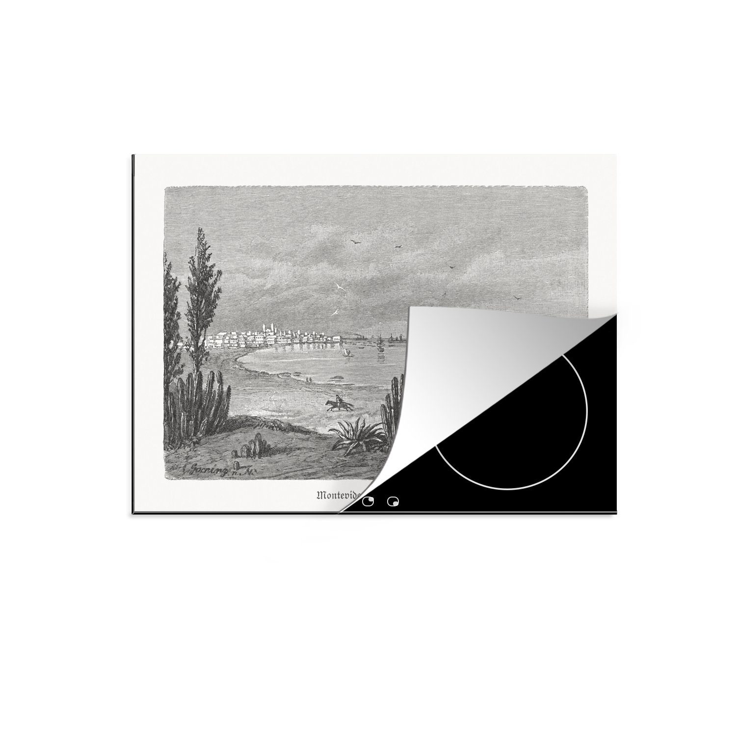 MuchoWow Herdblende-/Abdeckplatte Eine Illustration von Montevideo mit Blick auf das Wasser, Vinyl, (1 tlg), 70x52 cm, Mobile Arbeitsfläche nutzbar, Ceranfeldabdeckung