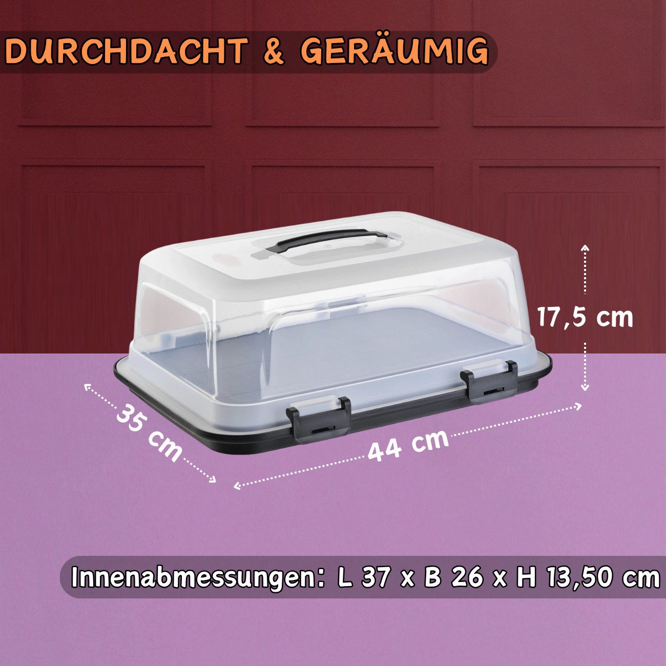 Engelland Kuchentransportbox mit Griff, Deckel und 4-fach Klick-Verschluss, rechteckig, Kunststoff, (L 44 x B 35 x H 17,50 cm, BPA-frei), spülmaschinengeeignet, lebensmittelecht, Stückeinteilungshilfe