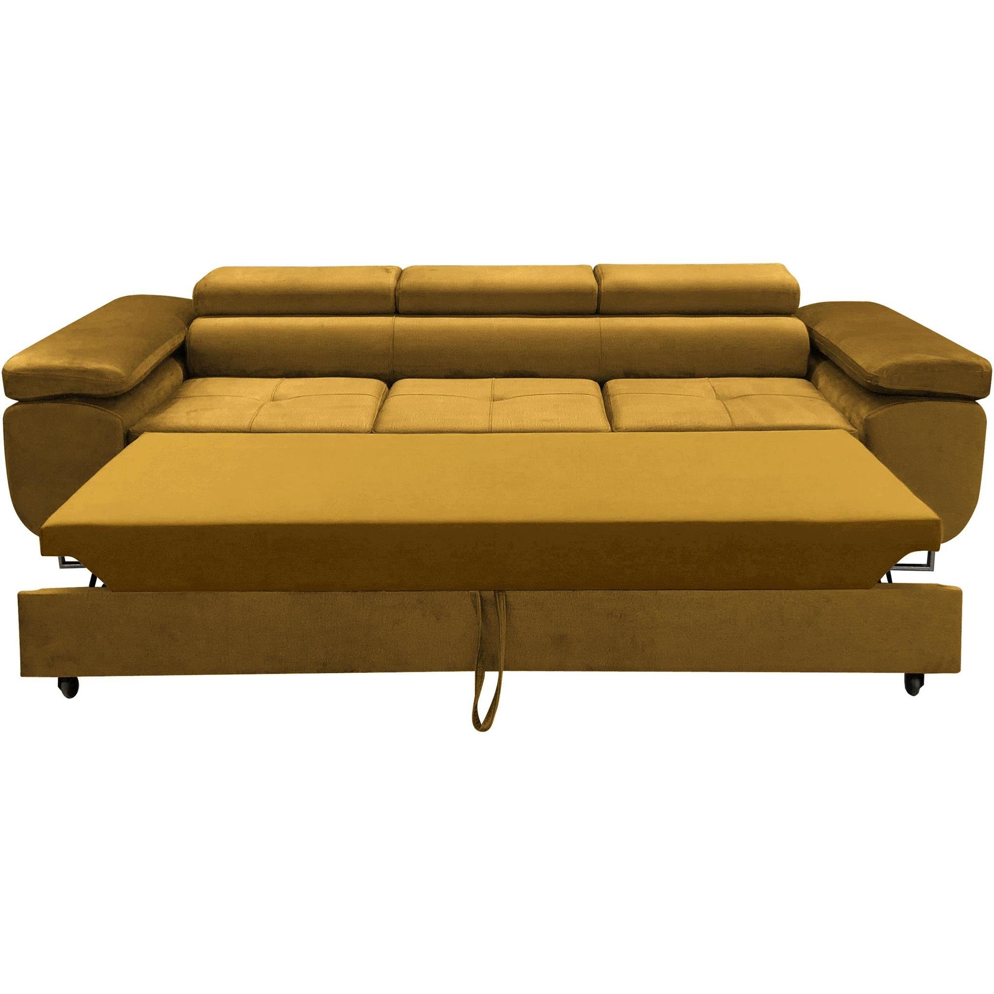 mit senfgelb Dreisitzer Kopfstütze, Stil, 48) Schlaffunktion Verstellbare Couch Schlafsofa Beautysofa (monolith Schlafsofa modernen
