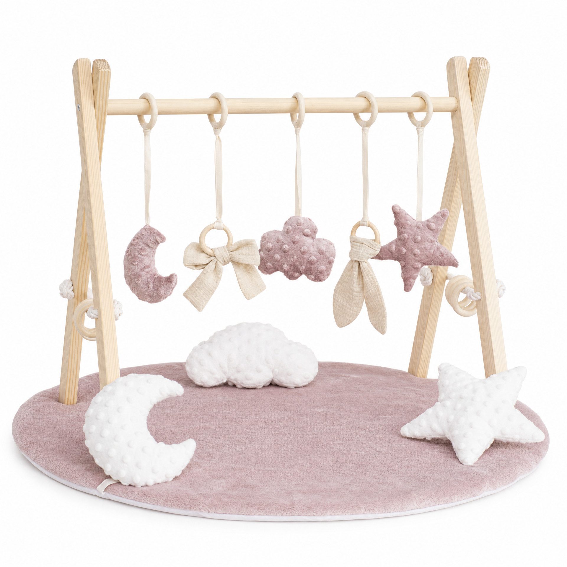 LuMali Baby Gym Holz Spielbogen klappbar 5 Spielzeuge Matte 41x58x49cm Naturholz, (5 sensorische Anhänger 2 Baumwollschnüre Montageset), Spieltrapez Neugeborene sensorisch Spielmatte 78cm wendbar ab Geburt