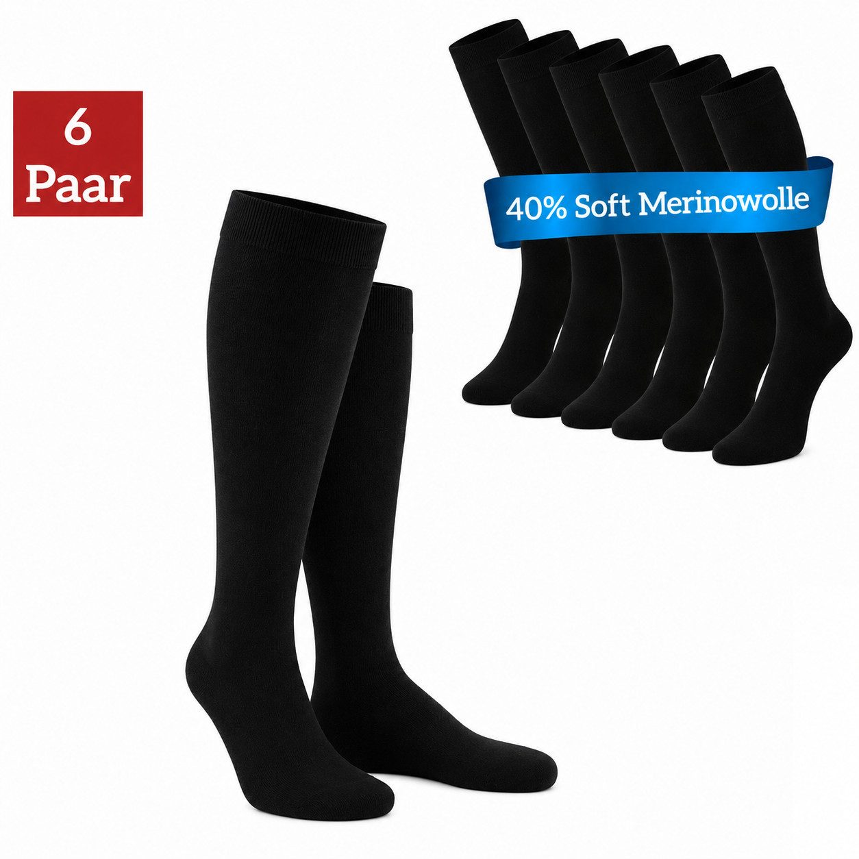 NERS Kniestrümpfe aus Merinowolle Damen & Herren mit Komfortbund, ohne drückende Naht (6-Paar, 3 & 6 Paar) Soft Merino, für warme Füße