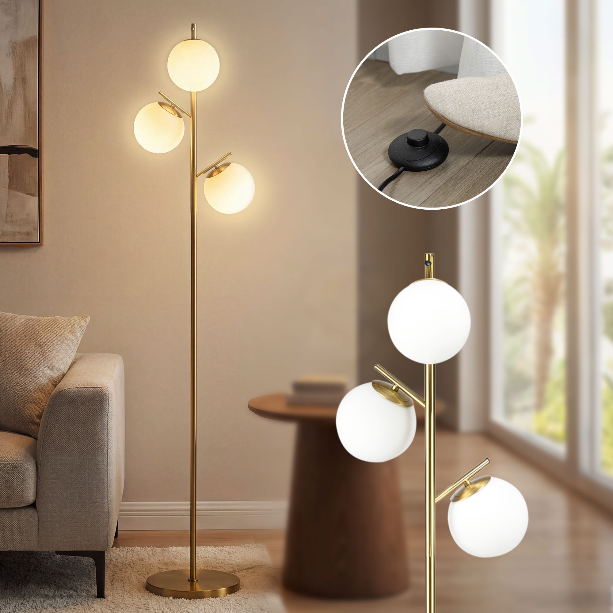HOMCOM Stehlampe Standleuchte mit 3 E27 Fassungen aus Stahl und Glas, Metall, Glas Ø27 x 169 cm