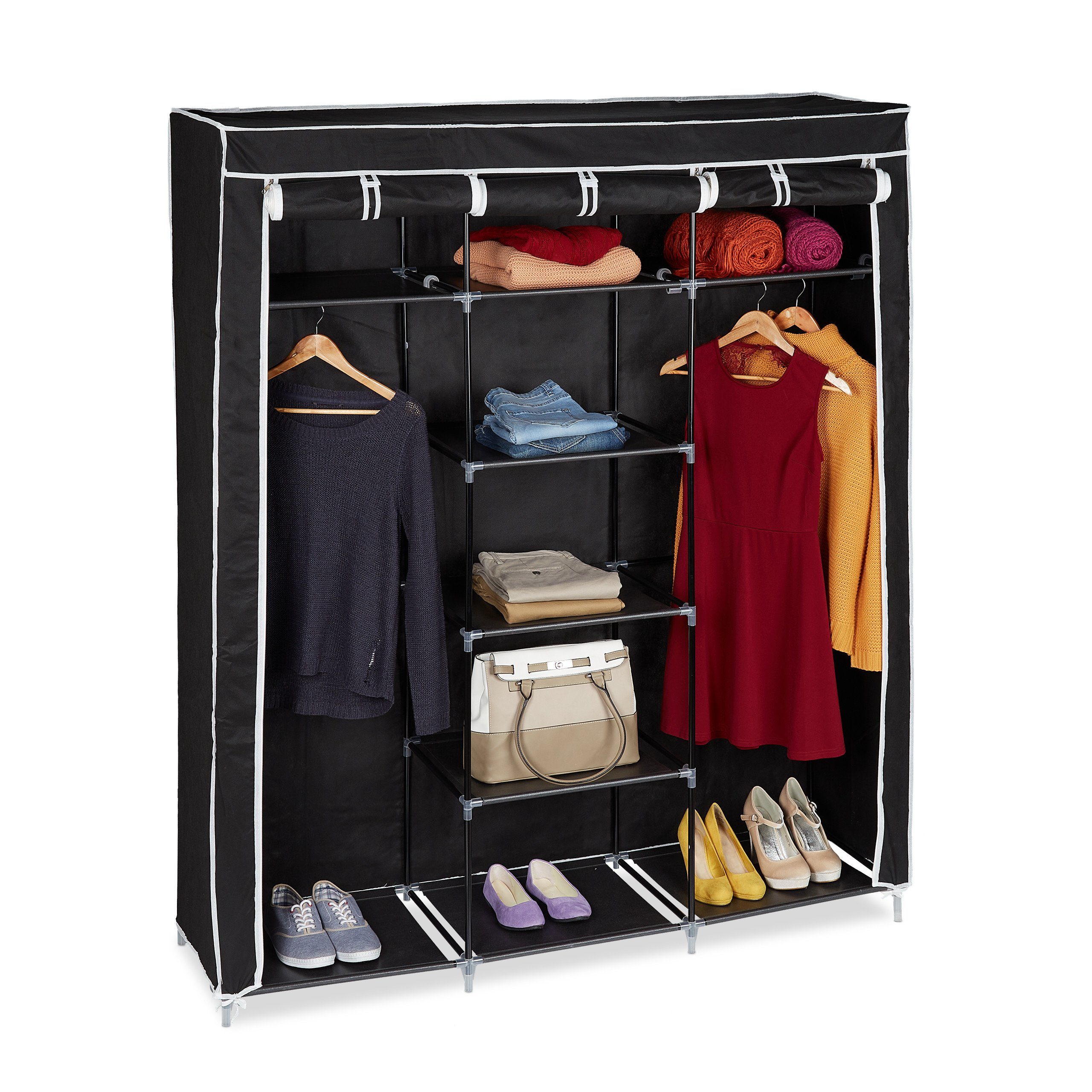 Stoffschrank Faltbar 170x45x168 Cm – Mit 2 Kleiderstangen & Regalen, 900 Kg Tragkraft, Polycotton-Bezug