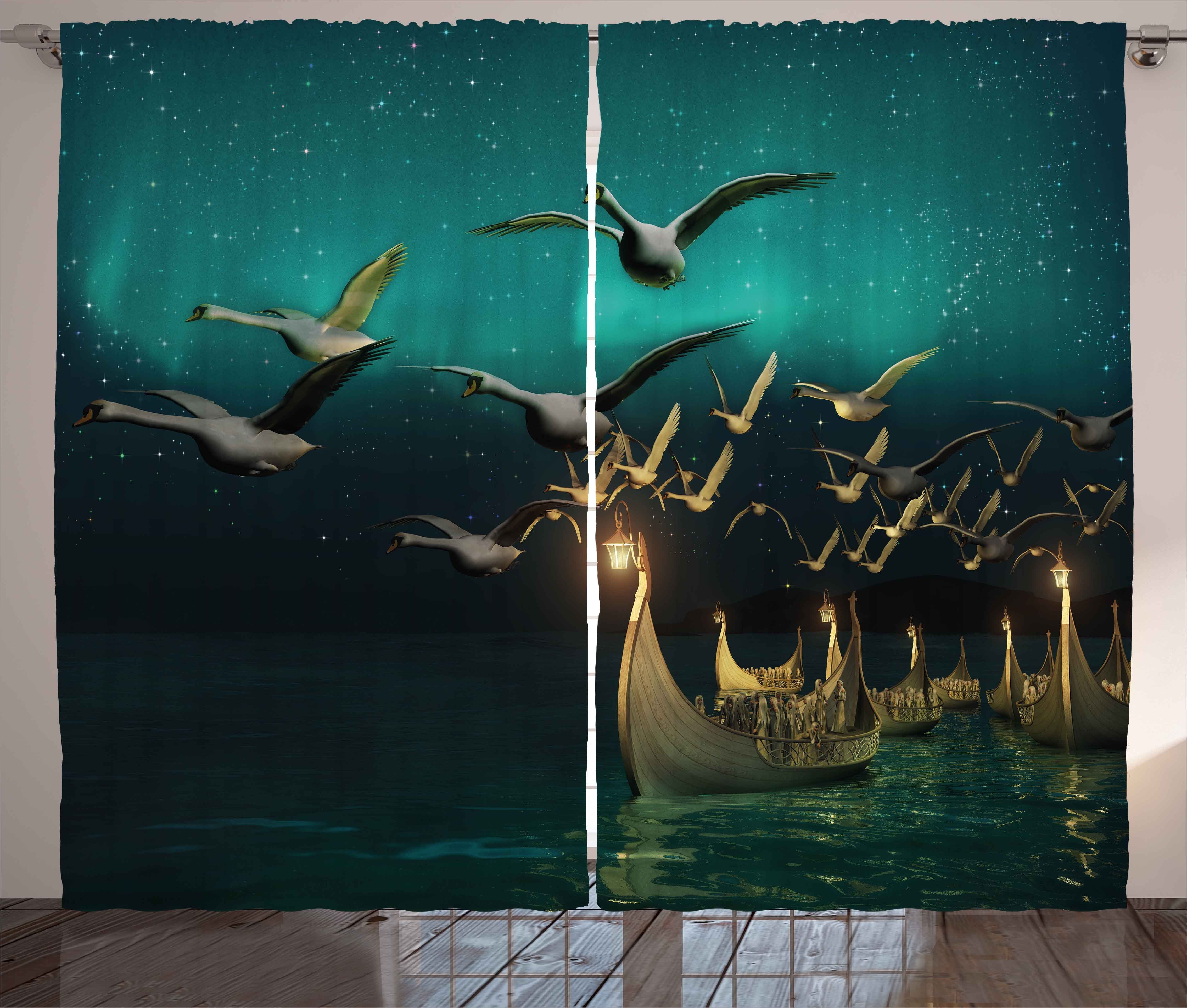 Gardine Schlafzimmer Kräuselband Vorhang mit Schlaufen und Haken, Abakuhaus, Fantasie Elf Boote Vögel Swans
