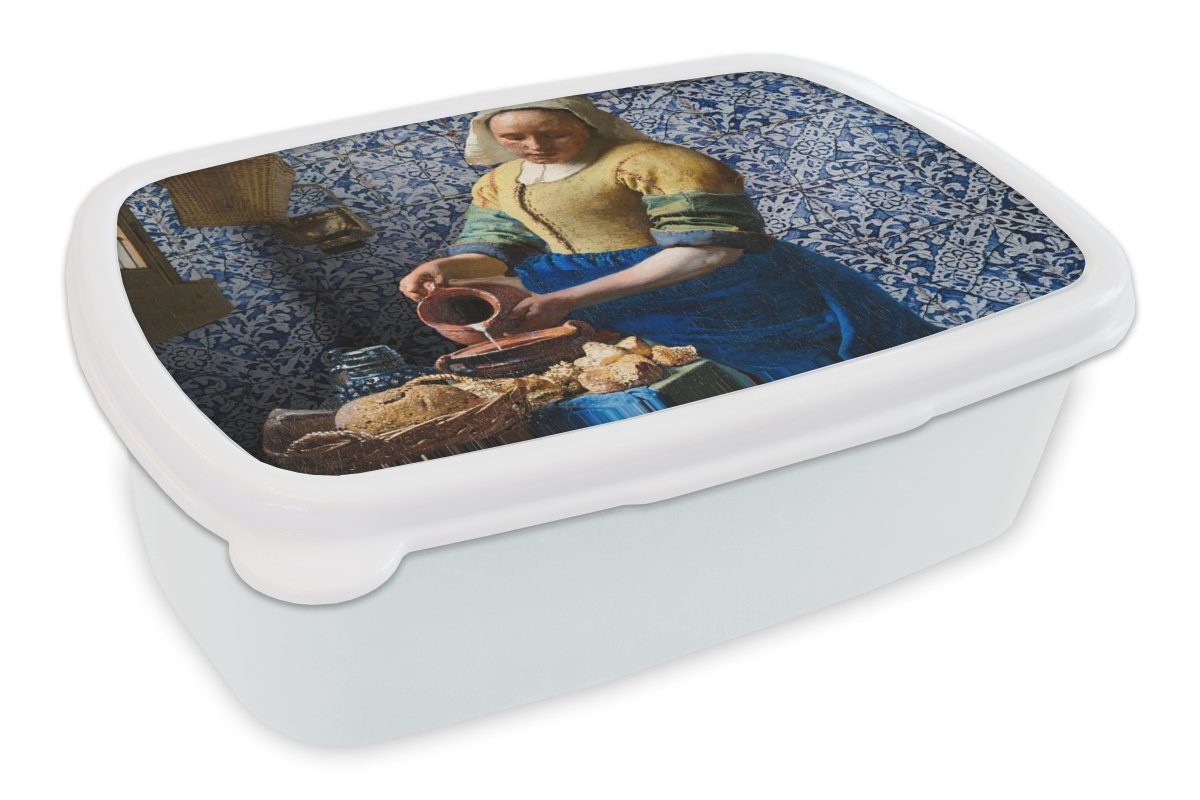 MuchoWow Lunchbox Milchmädchen - Delfter Blau - Vermeer - Gemälde - Alte Meister, Kunststoff, (2-tlg), Brotbox für Kinder und Erwachsene, Brotdose, für Jungs und Mädchen weiß