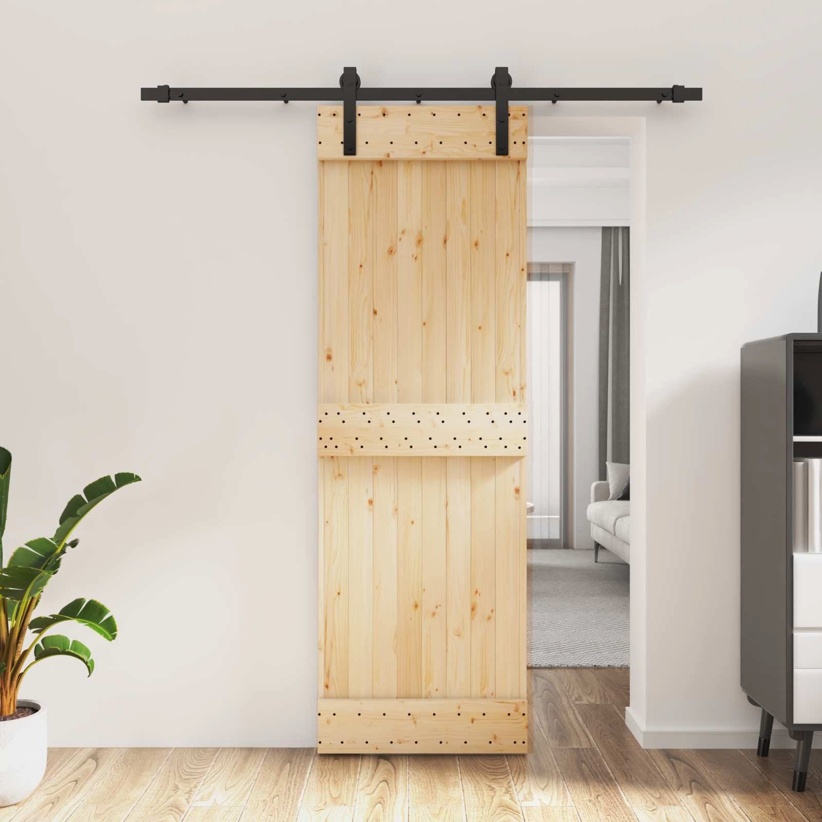 furnicato Schiebetür Massivholz 70 x 210 cm Natur Schwarz, Stabile Laufschiene aus Stahl für platzsparende Innentür